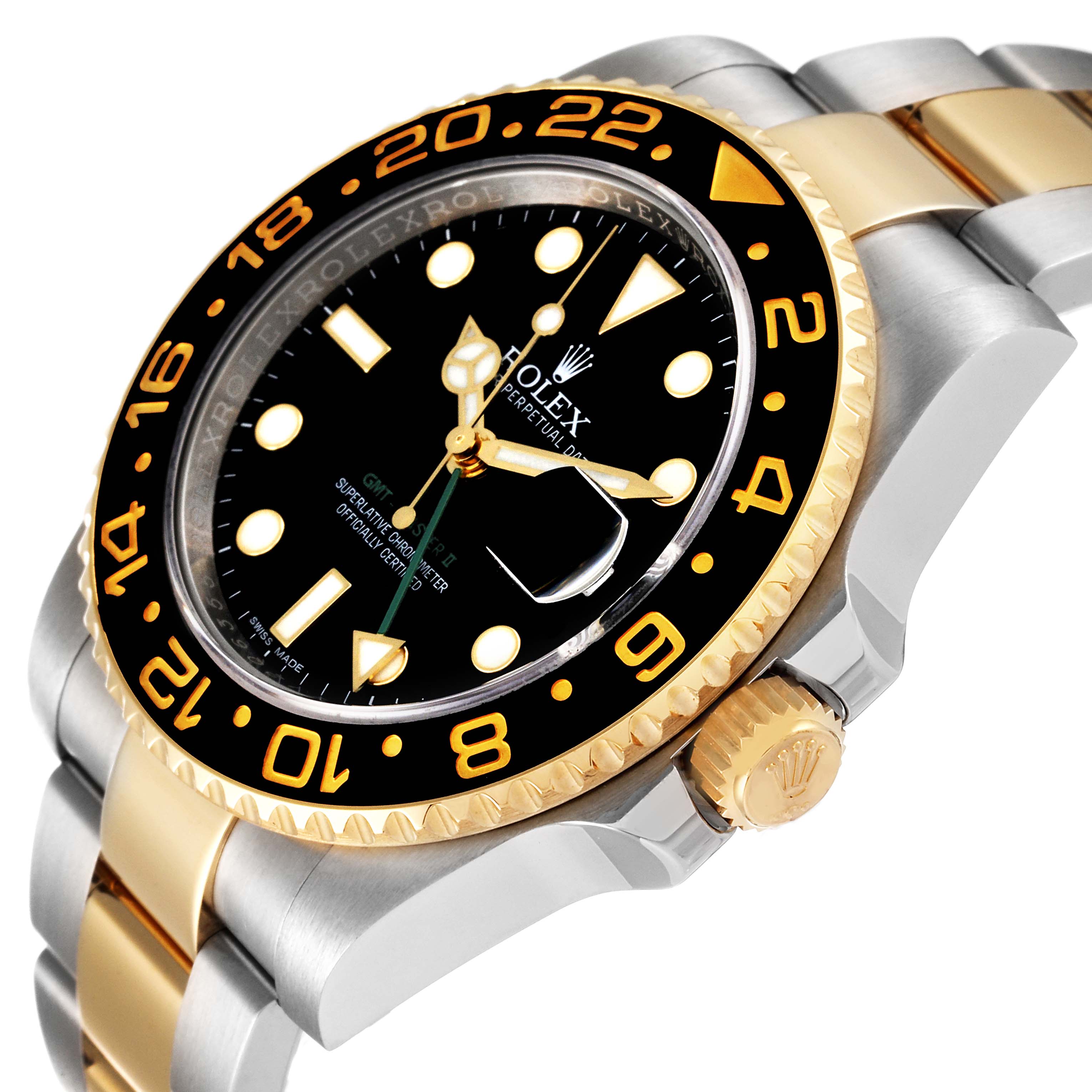 This image shows a close-up, side angle of a Rolex GMT-Master 116713 Men's Steel and Gold (two tone) Black Dial 116713 Men's Steel and Gold (two tone) Black Dial, highlighting the bezel, dial, and crown.