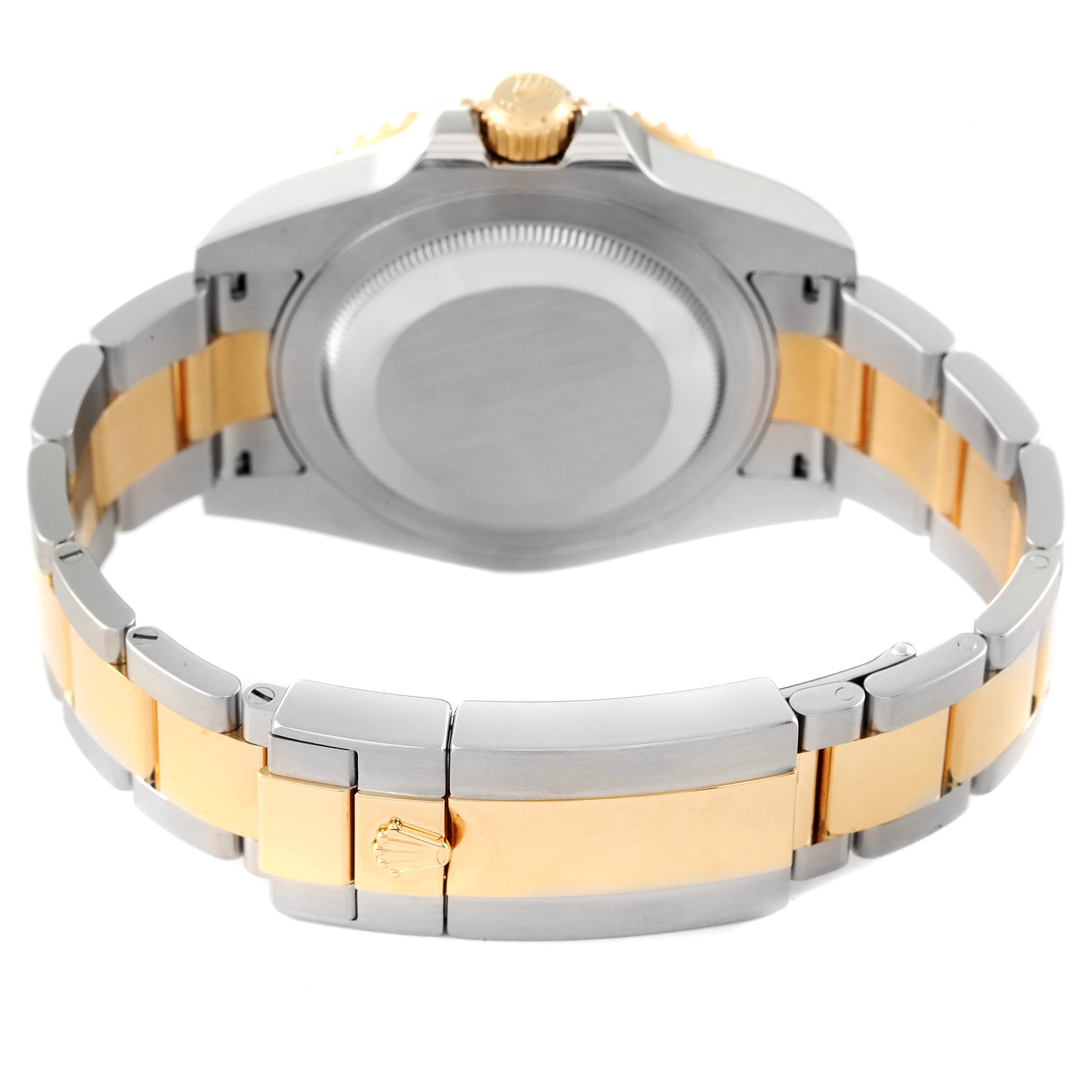 The image shows the back case and bracelet of a Rolex GMT-Master 116713 Men's Steel and Gold (two tone) Black Dial 116713 Men's Steel and Gold (two tone) Black Dial, viewed from behind.