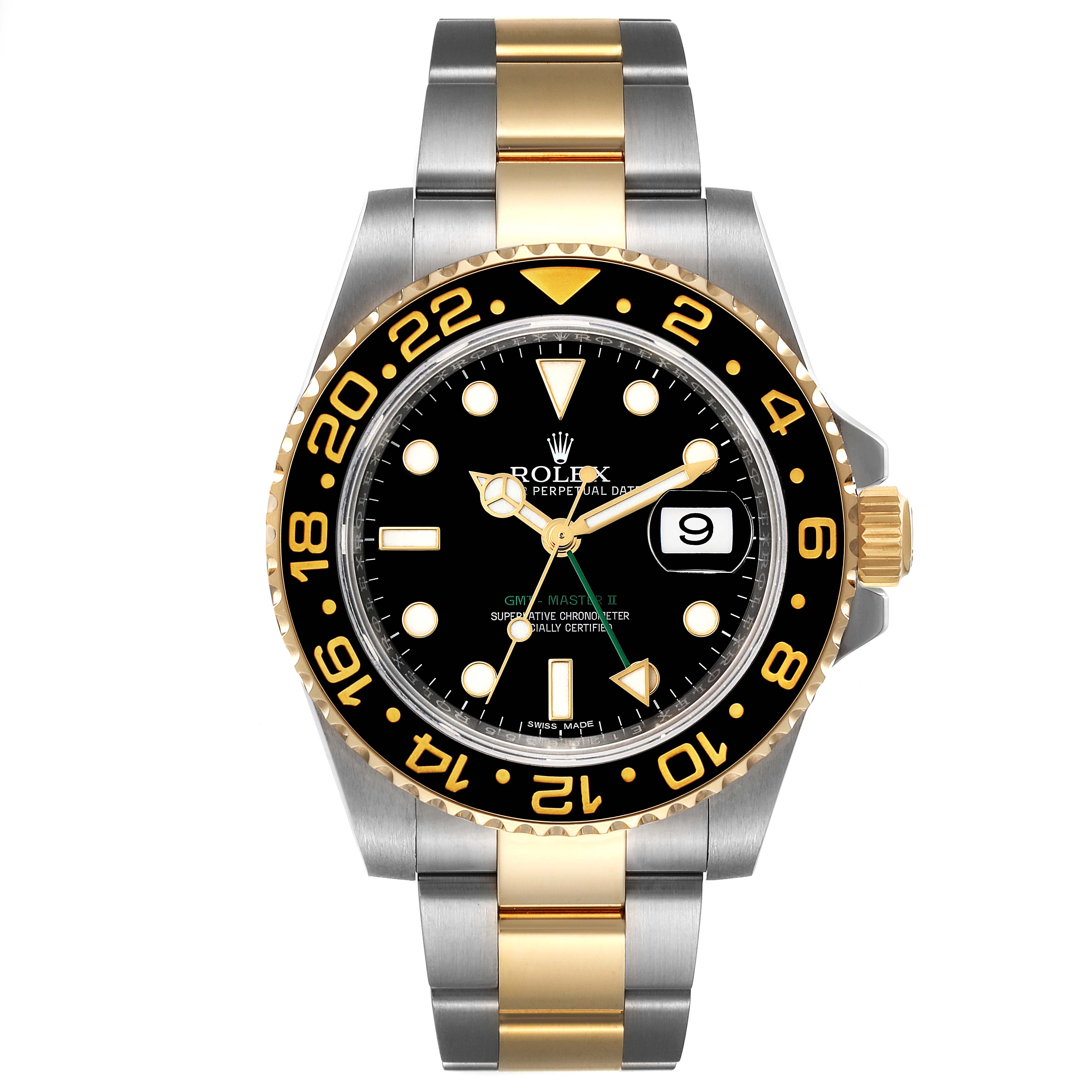 The image shows a front view of the Rolex GMT-Master 116713 Men's Steel and Gold (two tone) Black Dial 116713 Men's Steel and Gold (two tone) Black Dial II watch featuring a two-tone bracelet and black dial with a black and gold bezel.