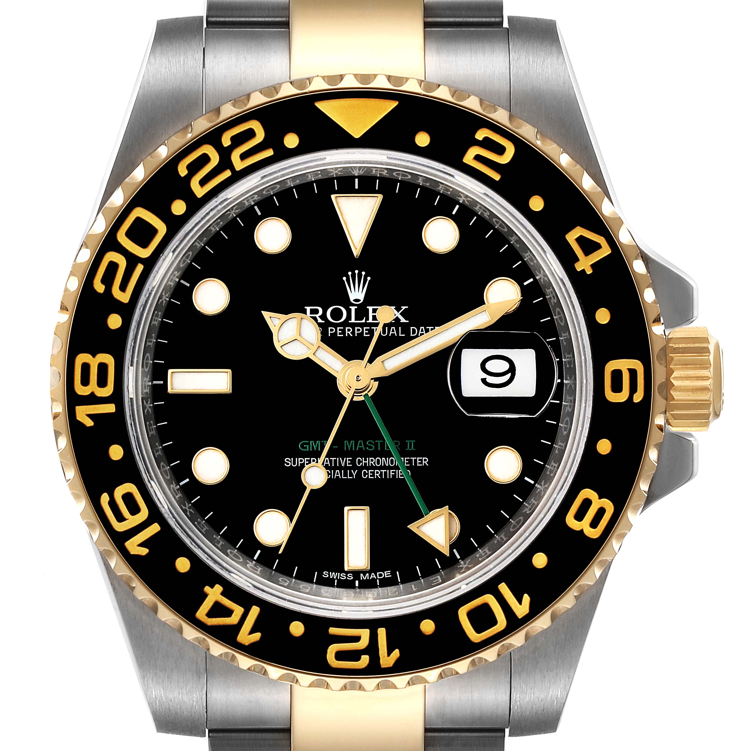The image shows a frontal view of a Rolex GMT-Master 116713 Men's Steel and Gold (two tone) Black Dial 116713 Men's Steel and Gold (two tone) Black Dial II watch, highlighting the dial, bezel, crown, and part of the bracelet.