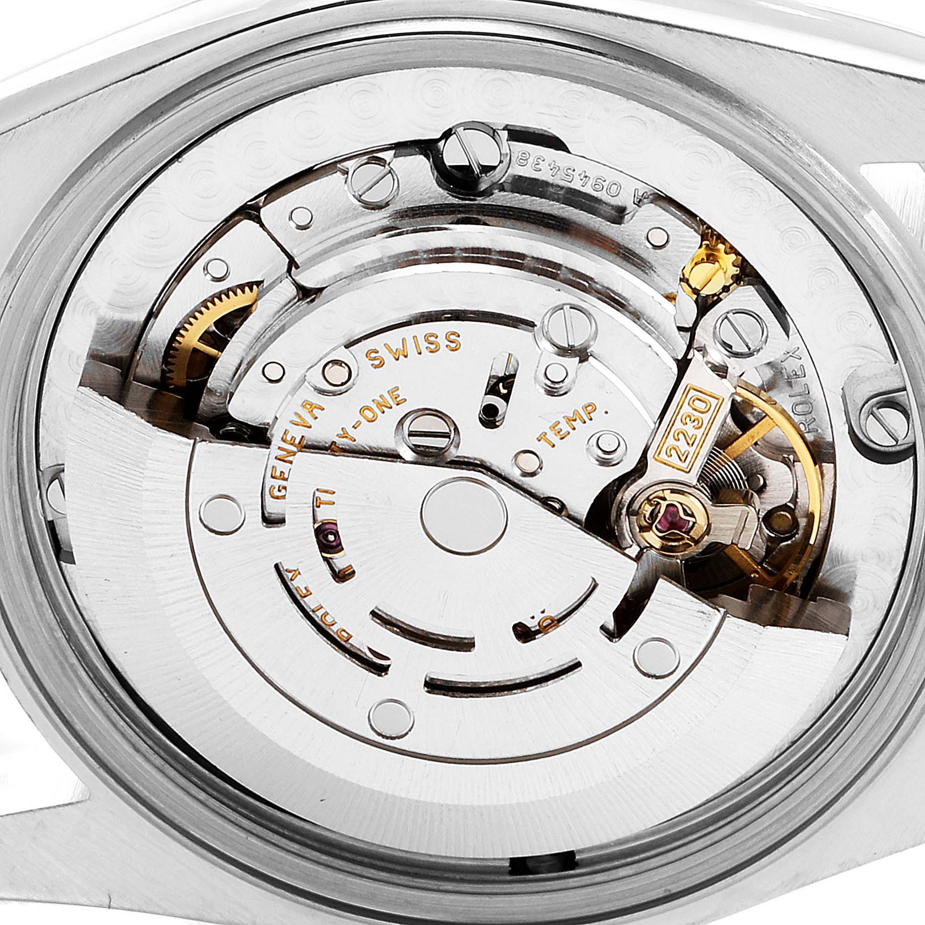 This image shows an internal view of the Rolex Mid-Size 77014 Women
s Stainless Steel Blue Dial 77014 Women
s Stainless Steel Blue Dial watch, focusing on the watch
s movement and mechanics.