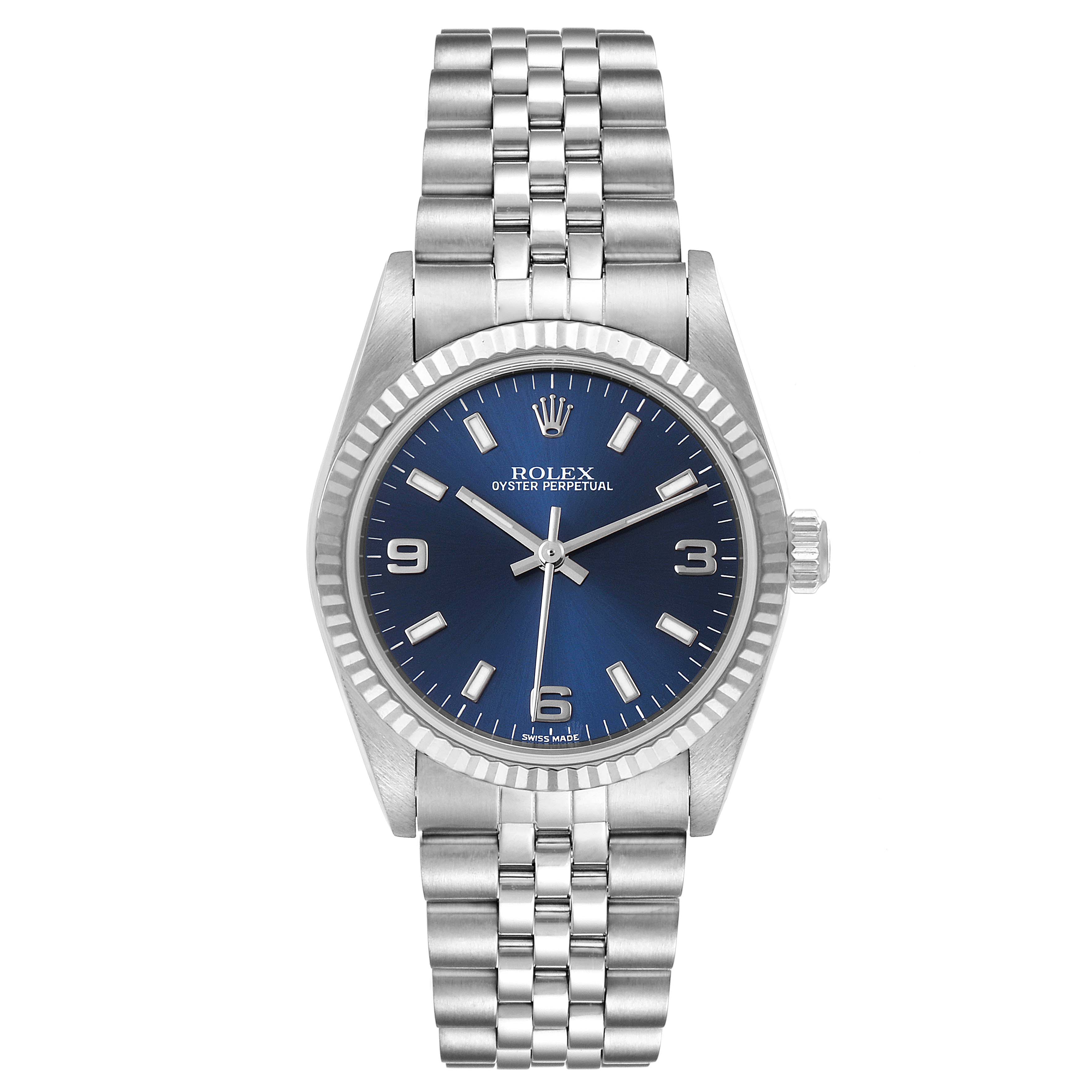 This image shows a front view of a Mid-Size Rolex Oyster Perpetual watch with a blue dial and stainless steel bracelet.