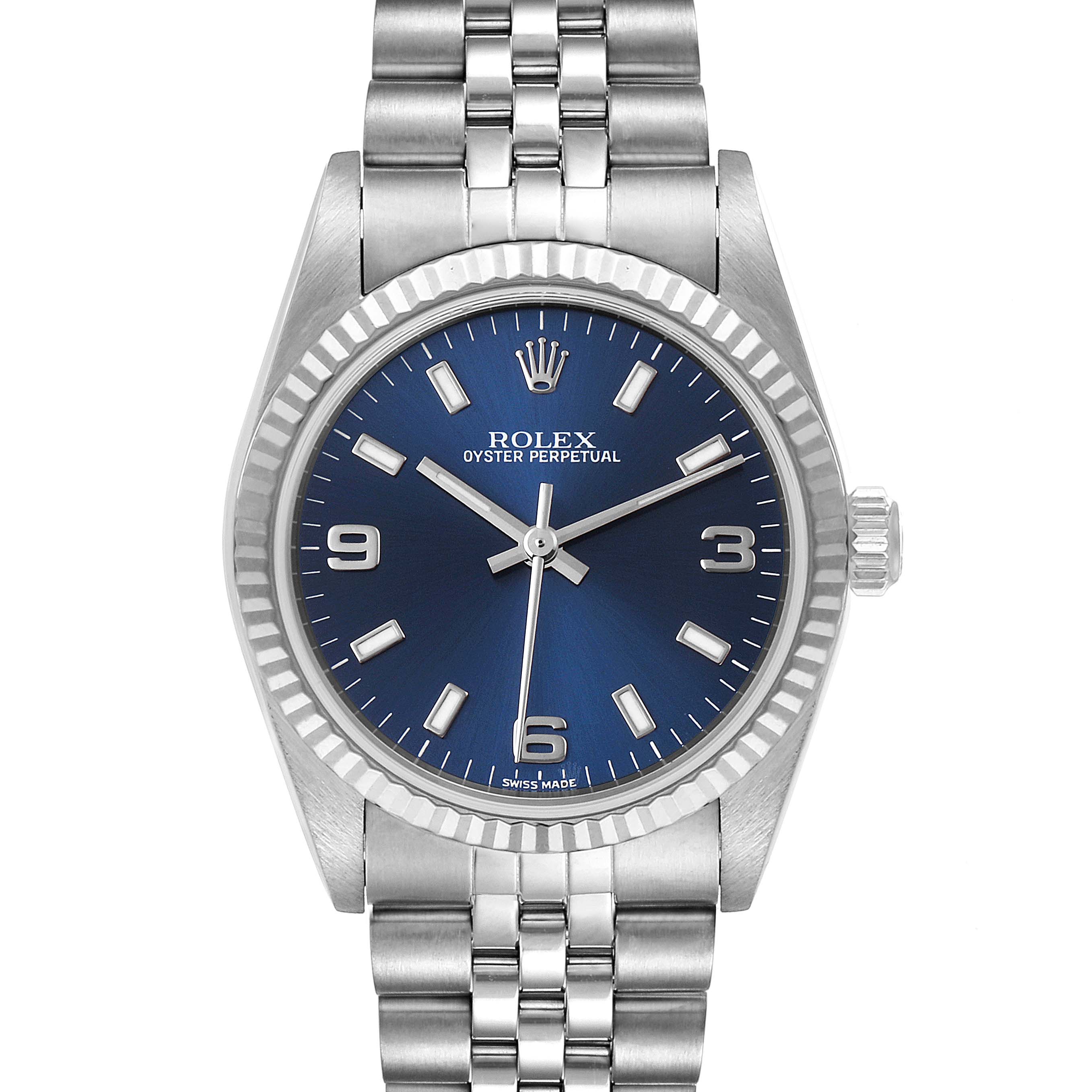 The image shows a front view of the Rolex Oyster Perpetual Mid-Size watch, highlighting its blue dial, bezel, and bracelet.