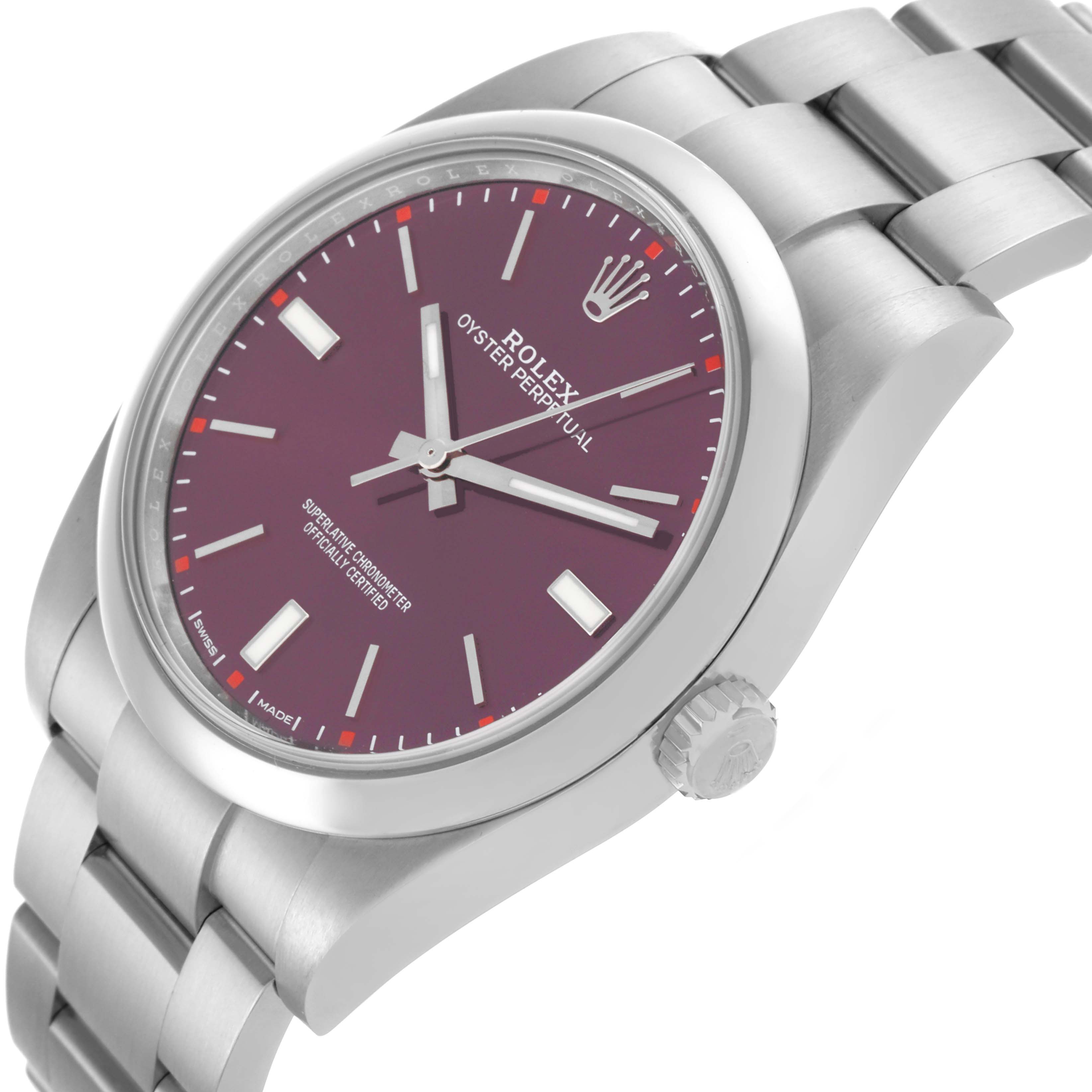 The Rolex Oyster Perpetual 114300 Men
s Stainless Steel Red Dial 114300 Men
s Stainless Steel Red Dial watch is shown at an angled view, highlighting the purple dial, crown, and stainless steel bracelet.