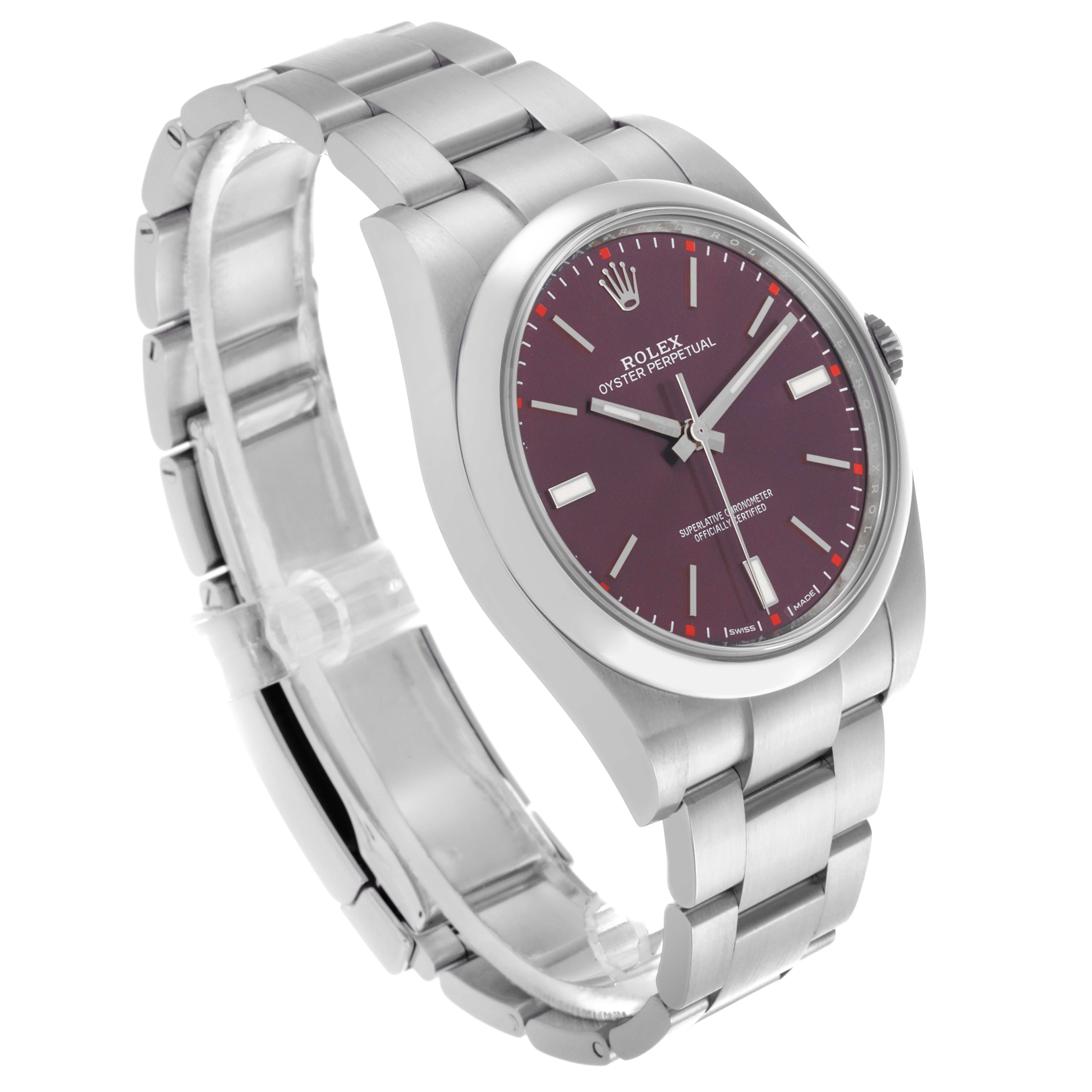 The Rolex Oyster Perpetual 114300 Men
s Stainless Steel Red Dial 114300 Men
s Stainless Steel Red Dial watch is shown at a three-quarter angle, highlighting the dial, case, and bracelet.