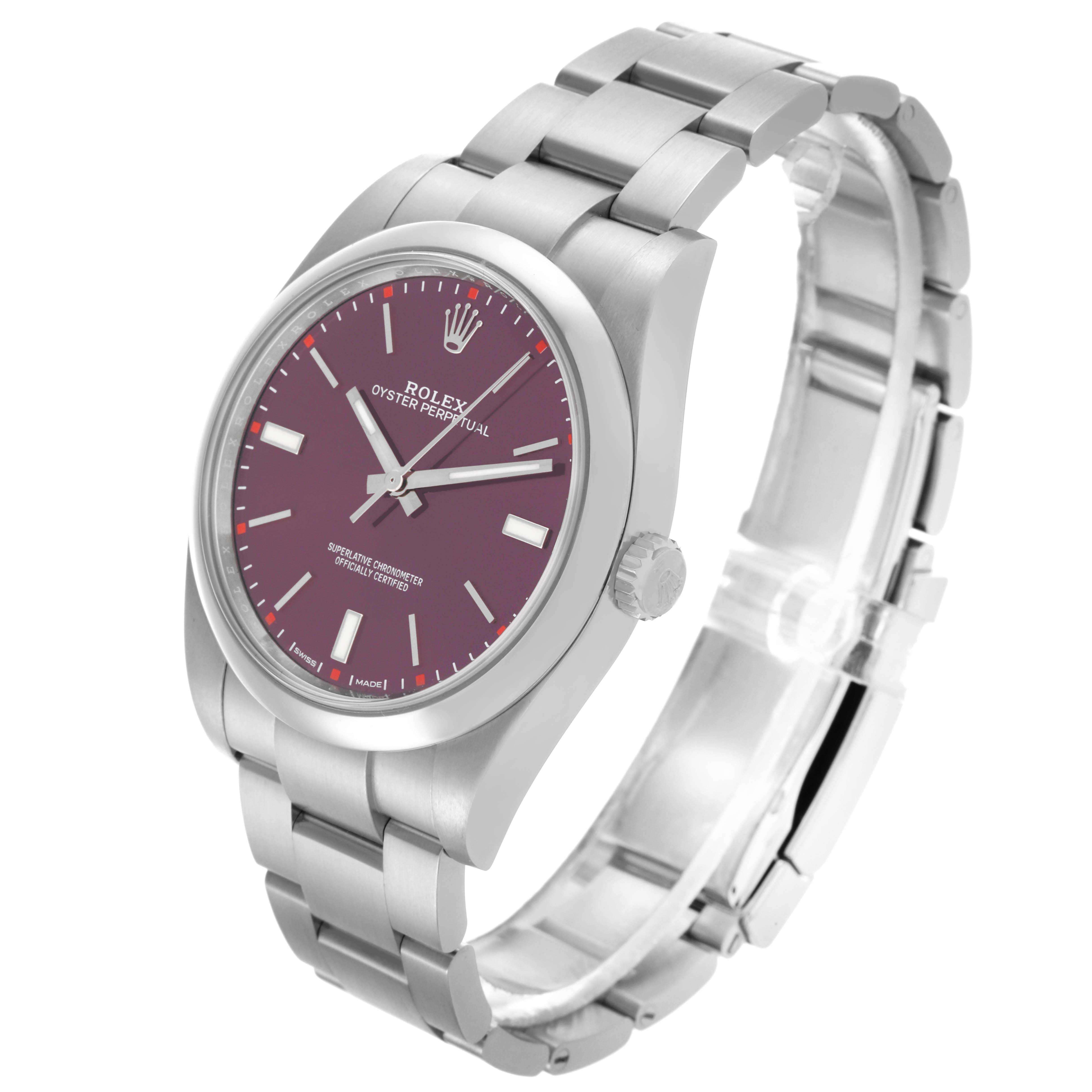 The Rolex Oyster Perpetual 114300 Men
s Stainless Steel Red Dial 114300 Men
s Stainless Steel Red Dial watch is shown at a slight angle, highlighting its burgundy dial, bezel, crown, and bracelet.