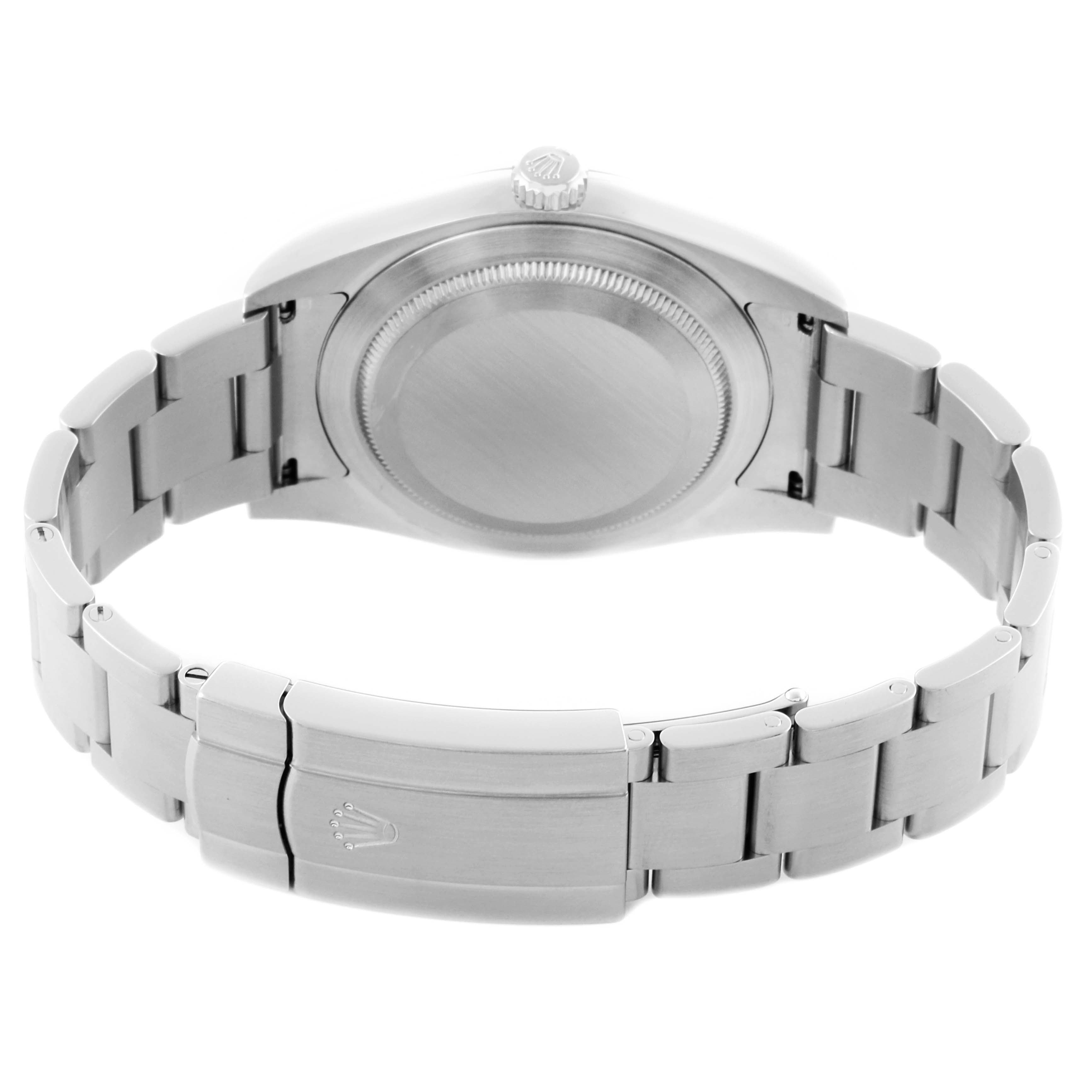 The image shows the back of a Rolex Oyster Perpetual 114300 Men
s Stainless Steel Red Dial 114300 Men
s Stainless Steel Red Dial watch, highlighting its bracelet and clasp.