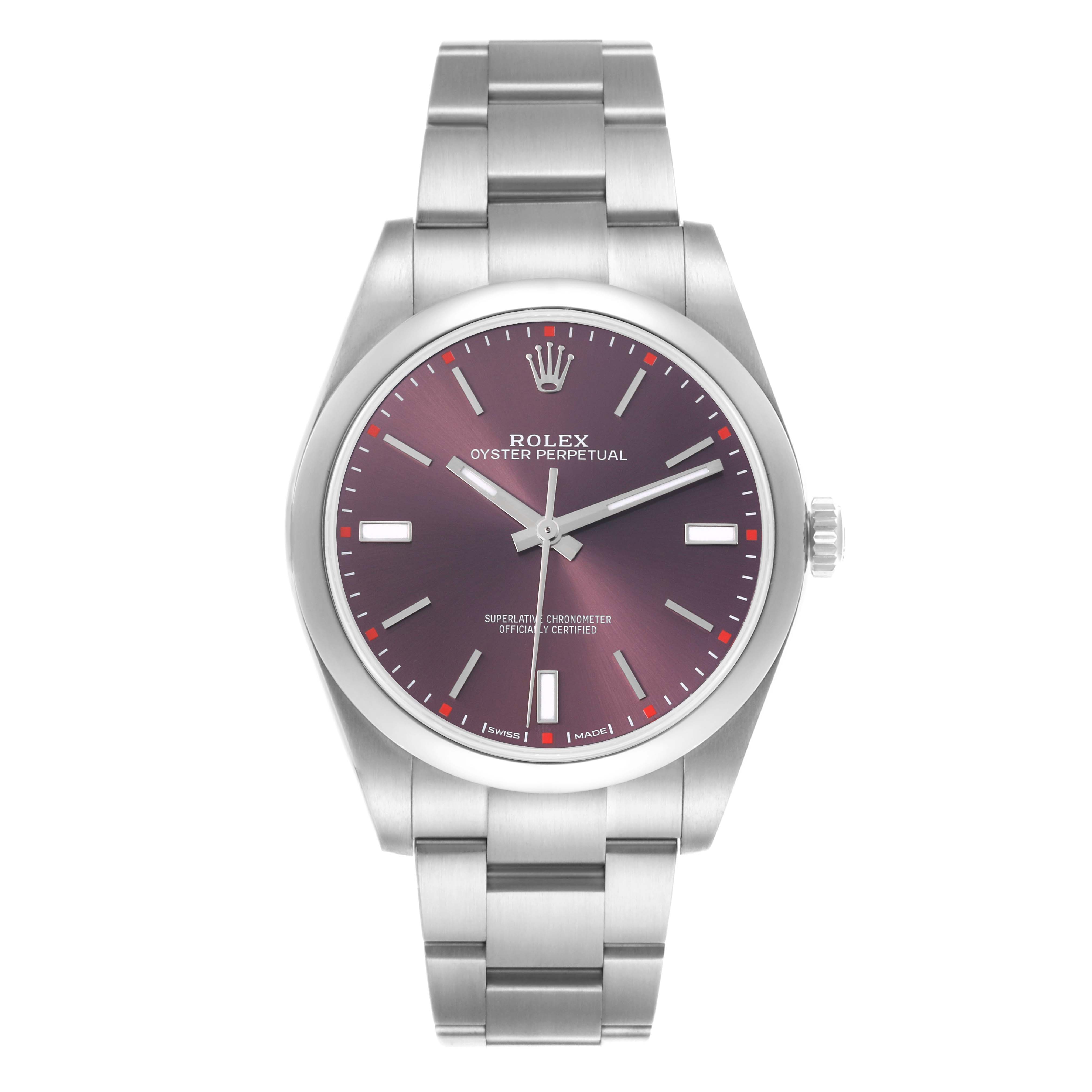 The Rolex Oyster Perpetual 114300 Men
s Stainless Steel Red Dial 114300 Men
s Stainless Steel Red Dial watch is shown from a front angle, highlighting the dial, bezel, crown, and bracelet.