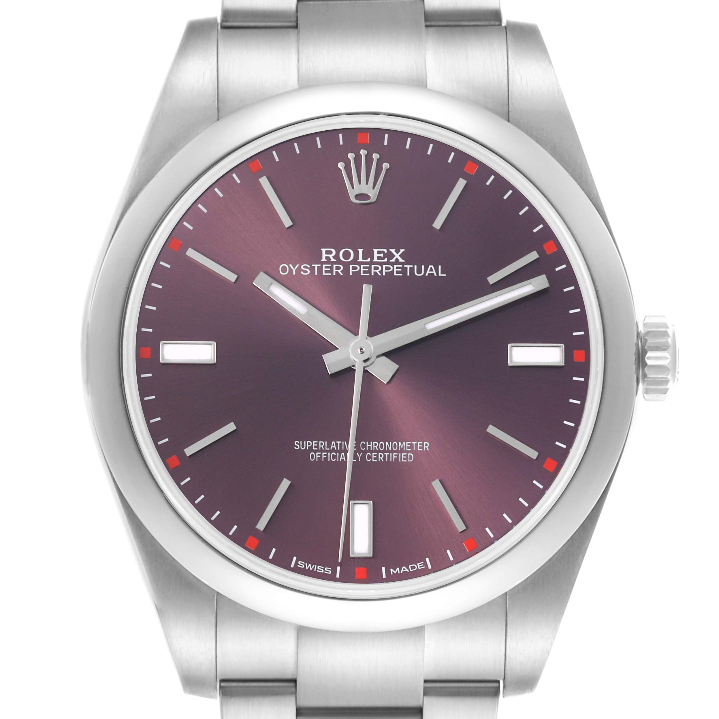 The Rolex Oyster Perpetual 114300 Men
s Stainless Steel Red Dial 114300 Men
s Stainless Steel Red Dial watch is shown from the front, highlighting the dial, bezel, and bracelet.