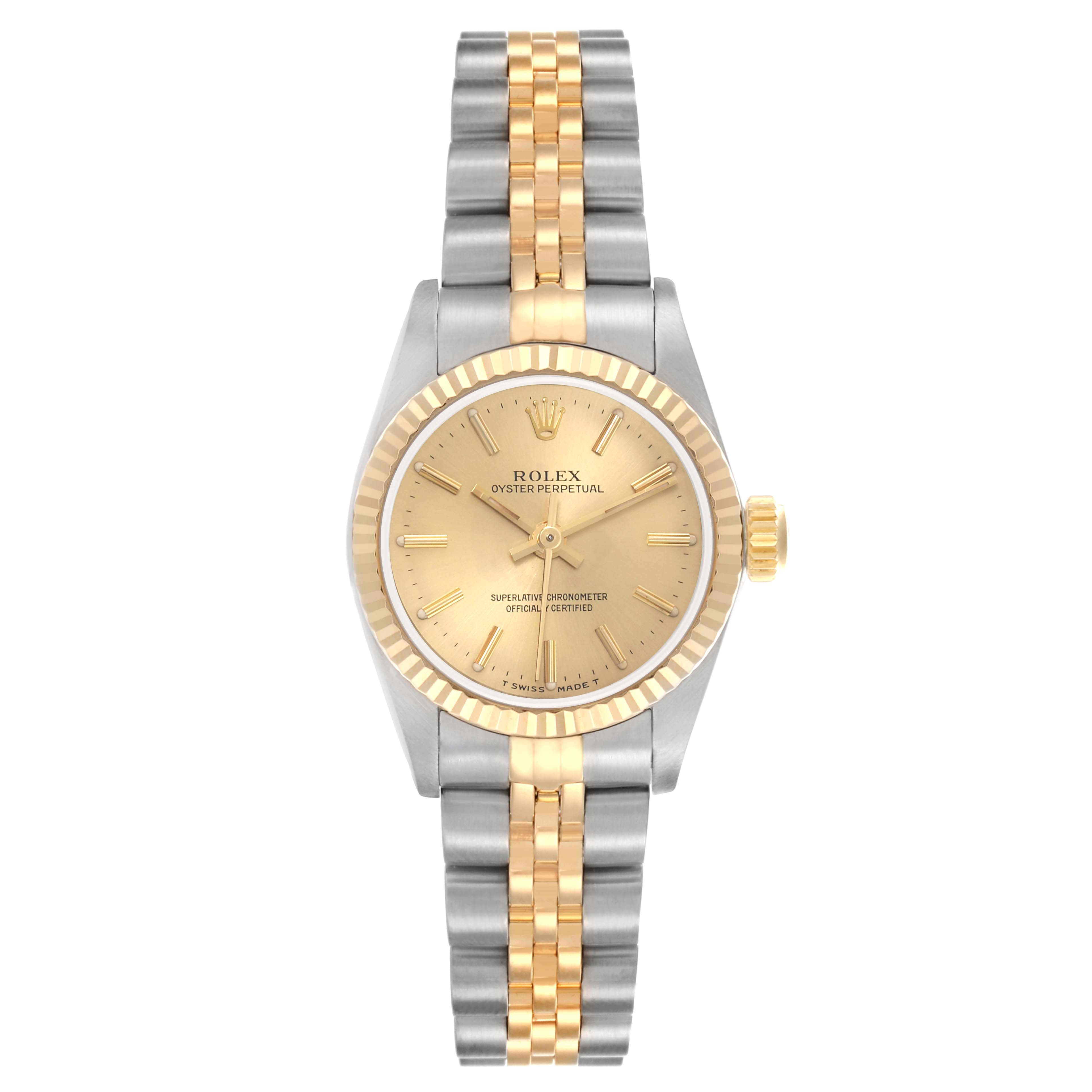 The Rolex Oyster Perpetual 67193 Women's Steel and Gold (two tone) Champagne Dial 67193 Women's Steel and Gold (two tone) Champagne Dial watch is shown from the front, highlighting its gold dial, bezel, and two-tone bracelet.