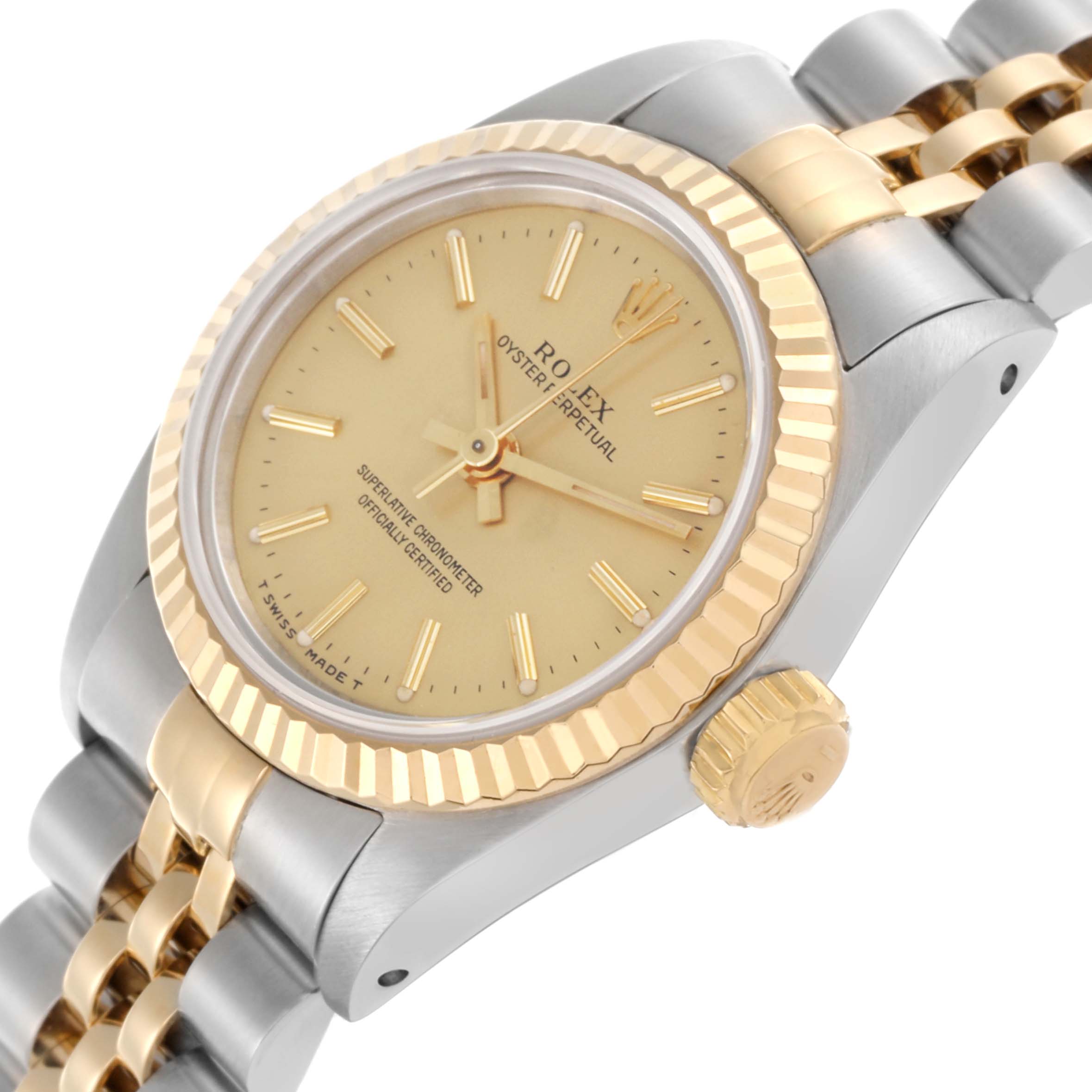 The Rolex Oyster Perpetual 67193 Women's Steel and Gold (two tone) Champagne Dial 67193 Women's Steel and Gold (two tone) Champagne Dial watch is shown from a side angle, highlighting the dial, bezel, crown, and bracelet.