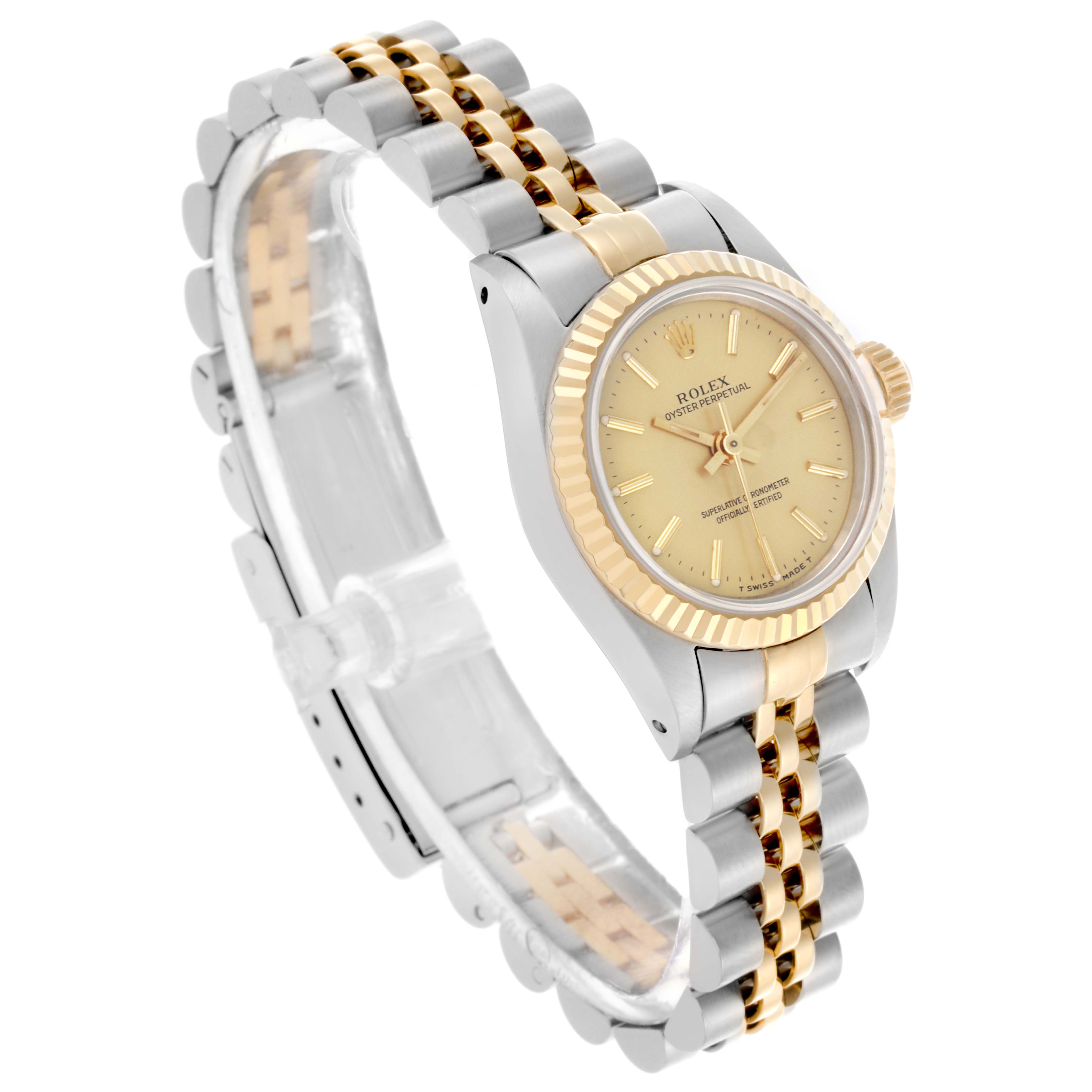 The Rolex Oyster Perpetual 67193 Women's Steel and Gold (two tone) Champagne Dial 67193 Women's Steel and Gold (two tone) Champagne Dial watch is shown from a side angle, highlighting its gold and silver bracelet, bezel, and face.
