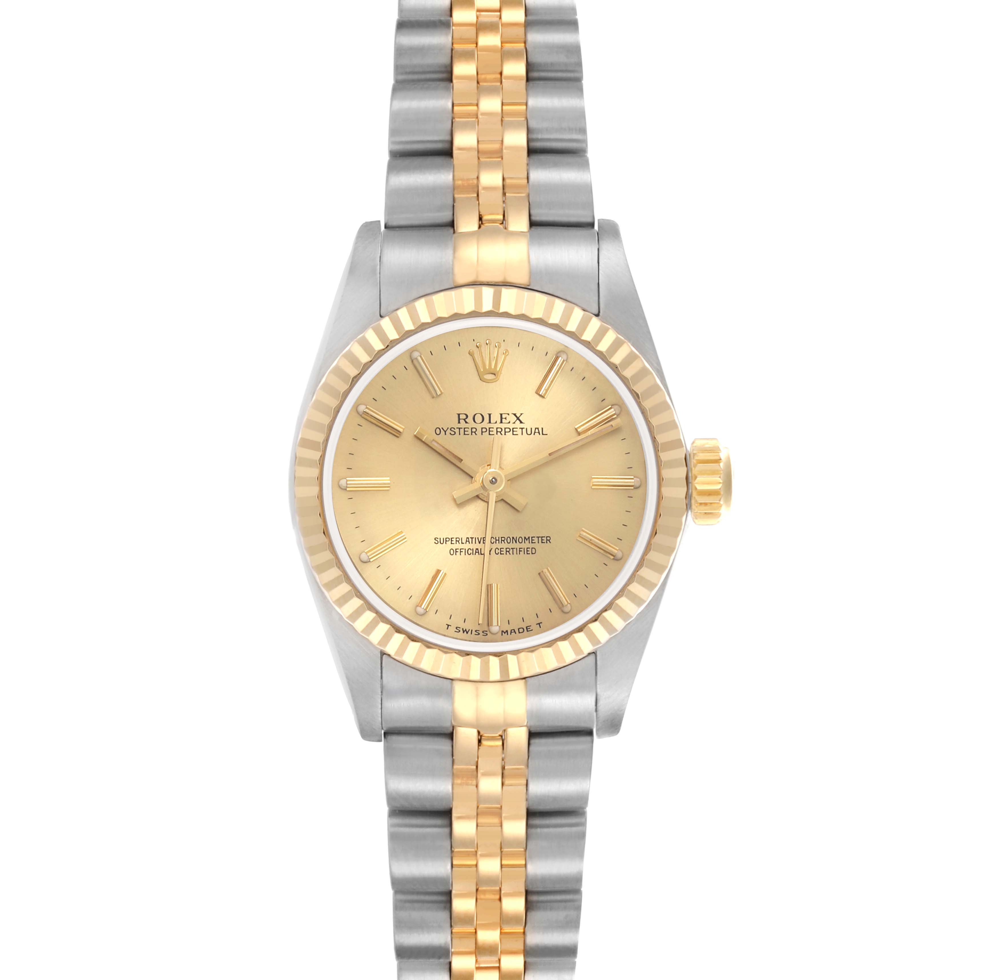 The Rolex Oyster Perpetual 67193 Women's Steel and Gold (two tone) Champagne Dial 67193 Women's Steel and Gold (two tone) Champagne Dial watch is shown from a front angle, displaying its face, bezel, crown, and two-tone bracelet.