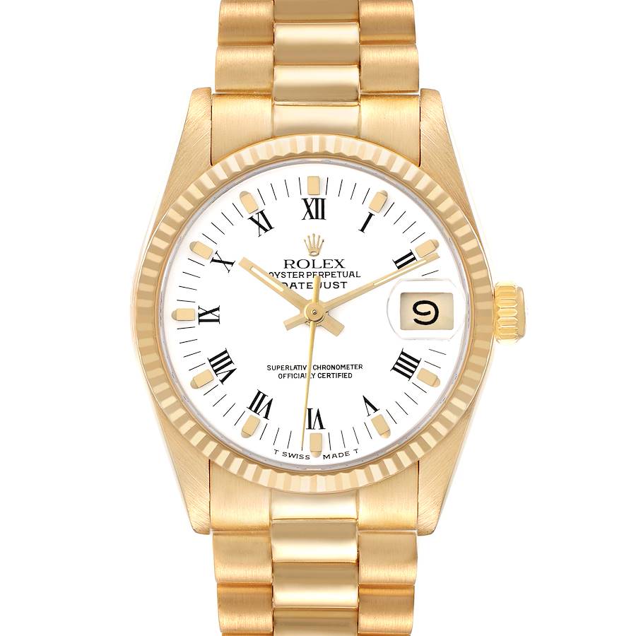 The Rolex President model watch is shown from the front, displaying its dial, hands, bezel, and bracelet.