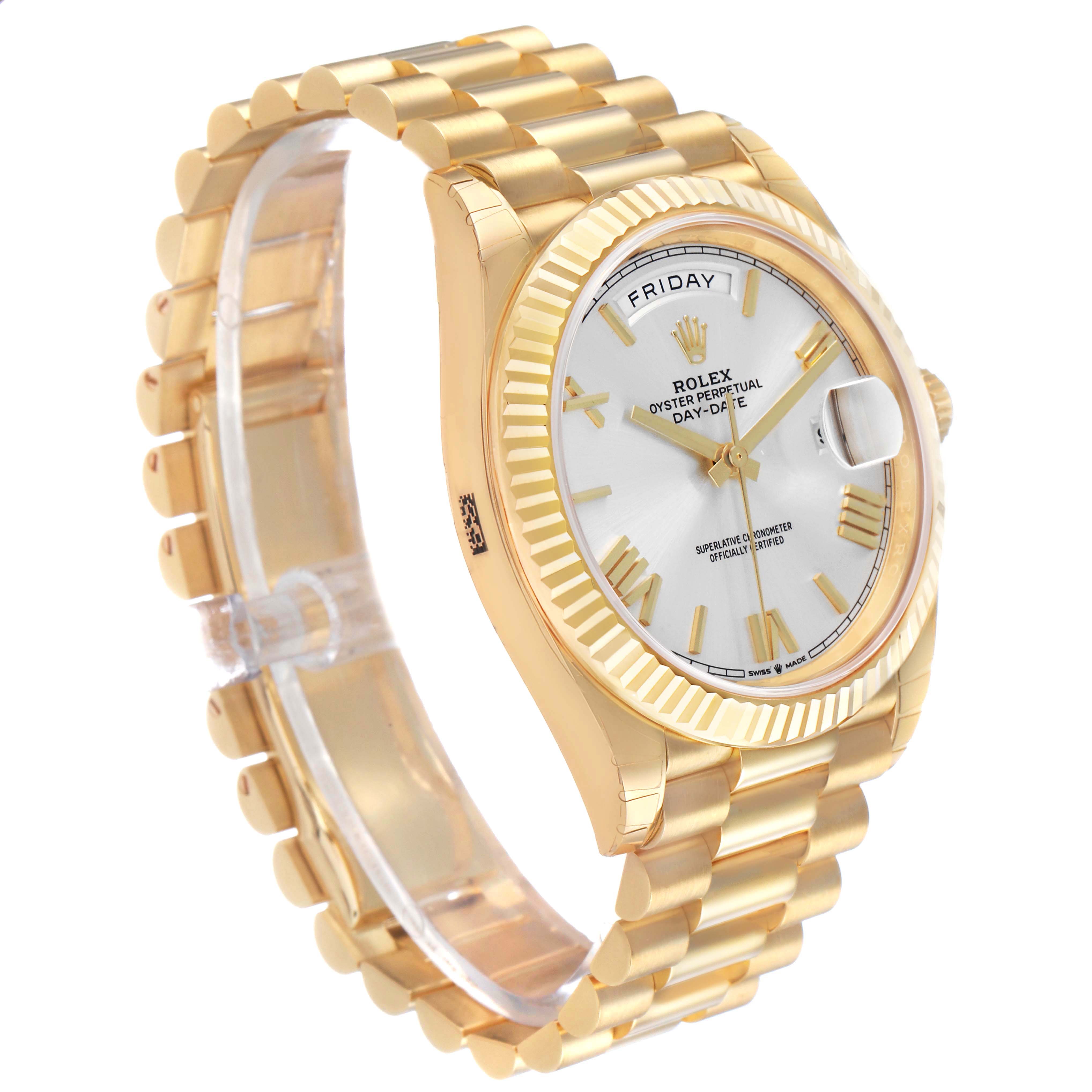 The Rolex President 228238 Men's Yellow Gold Silver Dial model is shown at a three-quarter angle, highlighting the dial, fluted bezel, and gold bracelet.