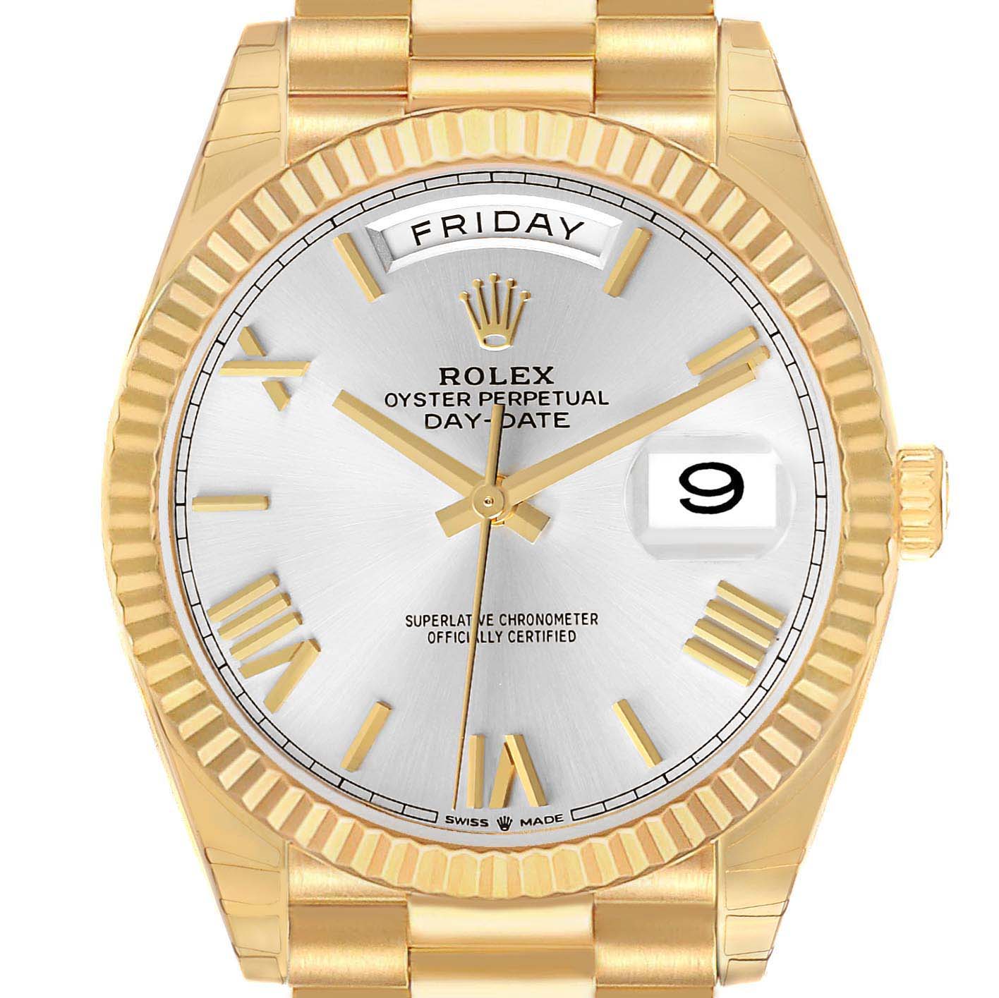 The Rolex President 228238 Men's Yellow Gold Silver Dial model is shown from the front, highlighting the dial, day, date window, watch hands, and part of the bracelet.