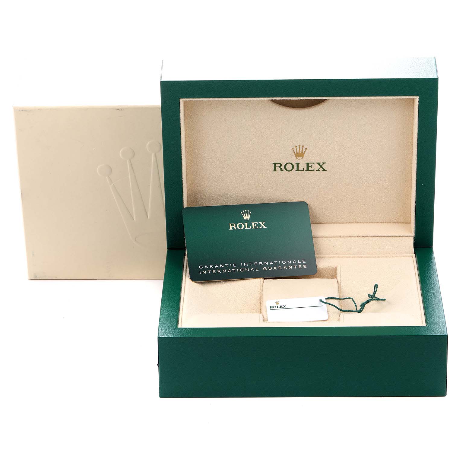 The image shows the box and accessories for a Rolex President 128238 Men's Yellow Gold Champagne Dial 128238 Men's Yellow Gold Champagne Dial model, including the guarantee card and tag, from a front angle.