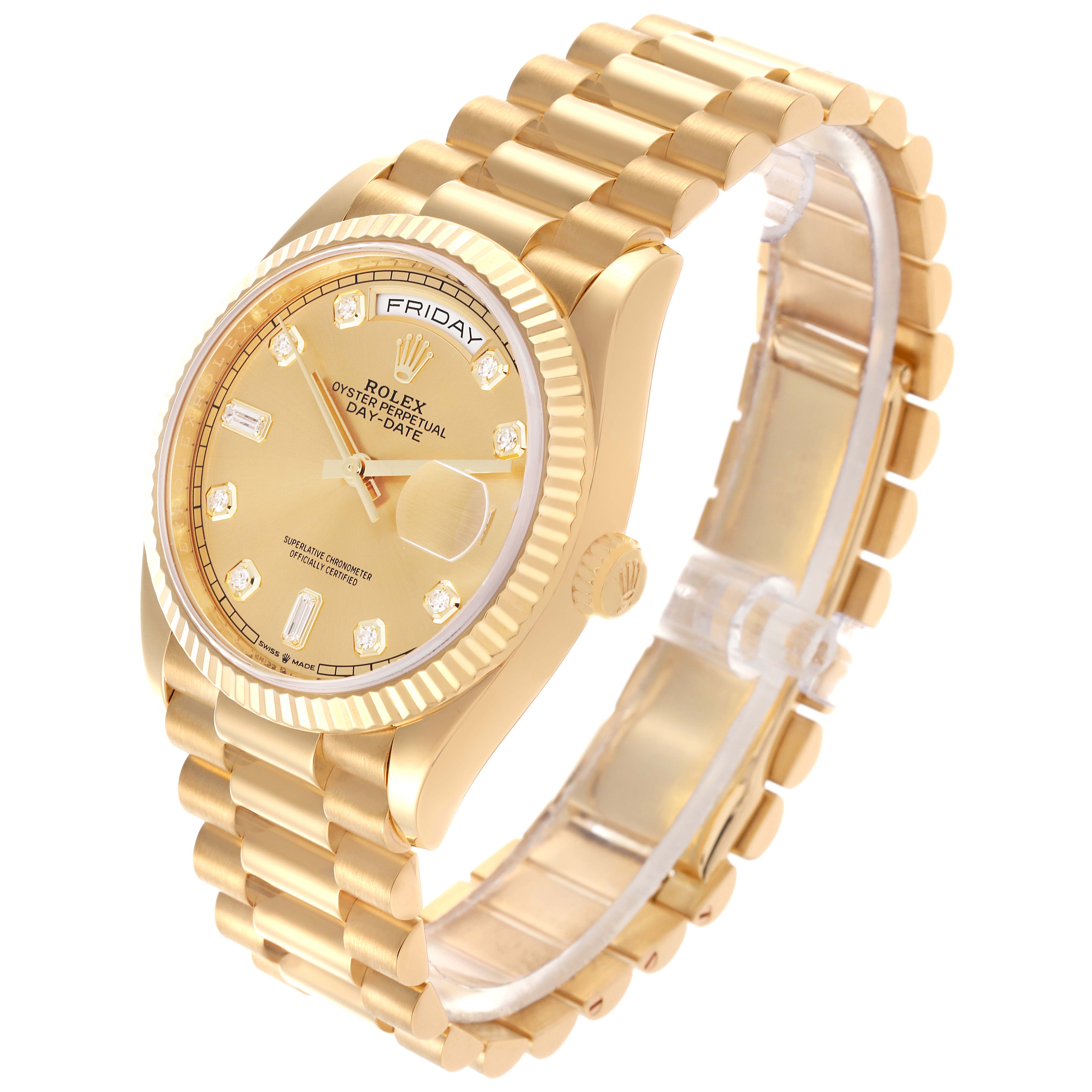The Rolex President 128238 Men's Yellow Gold Champagne Dial 128238 Men's Yellow Gold Champagne Dial model is shown at an angled view, highlighting the bracelet, dial, bezel, and crown.