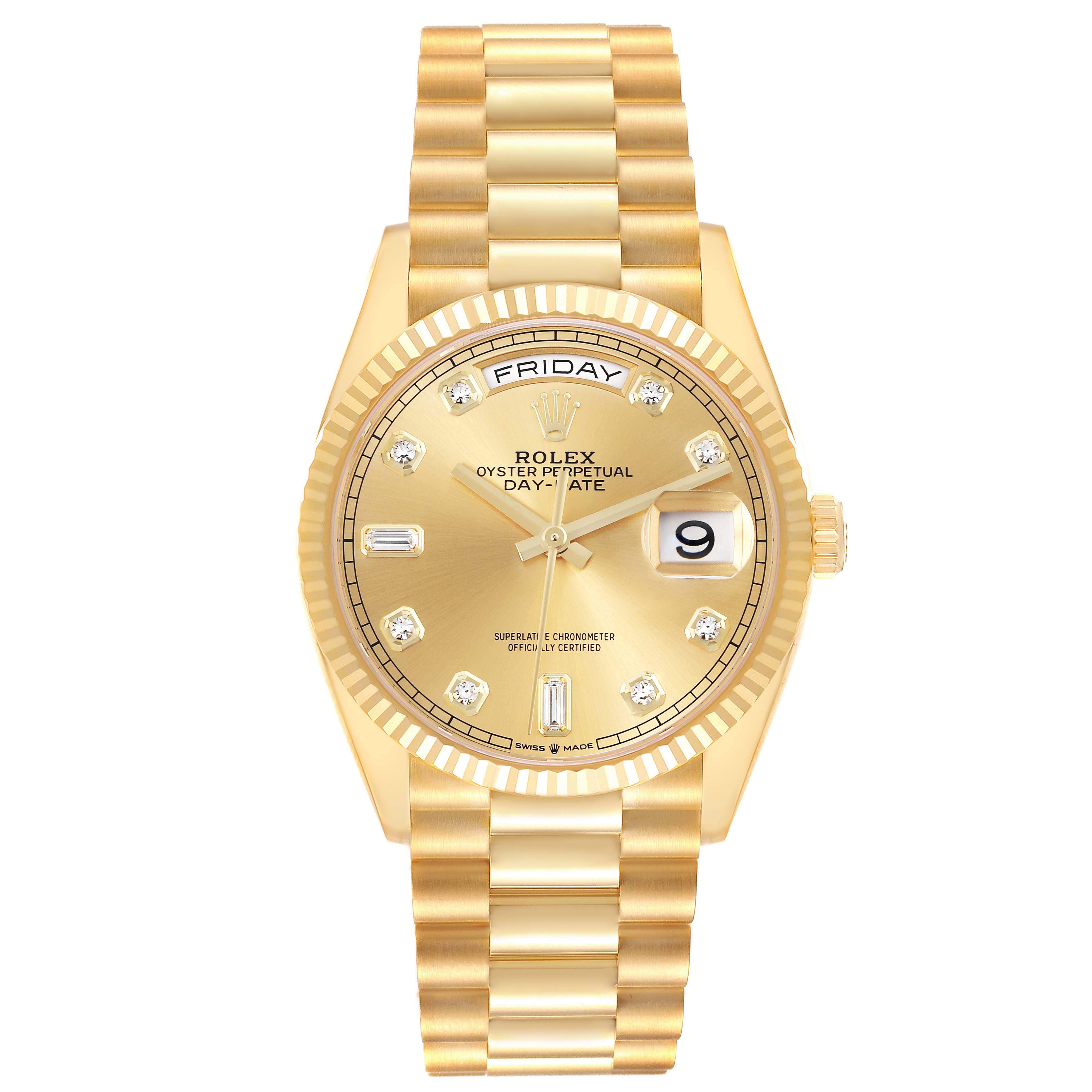 The image shows a front view of the Rolex President 128238 Men's Yellow Gold Champagne Dial 128238 Men's Yellow Gold Champagne Dial model, highlighting the gold dial, fluted bezel, and President bracelet.