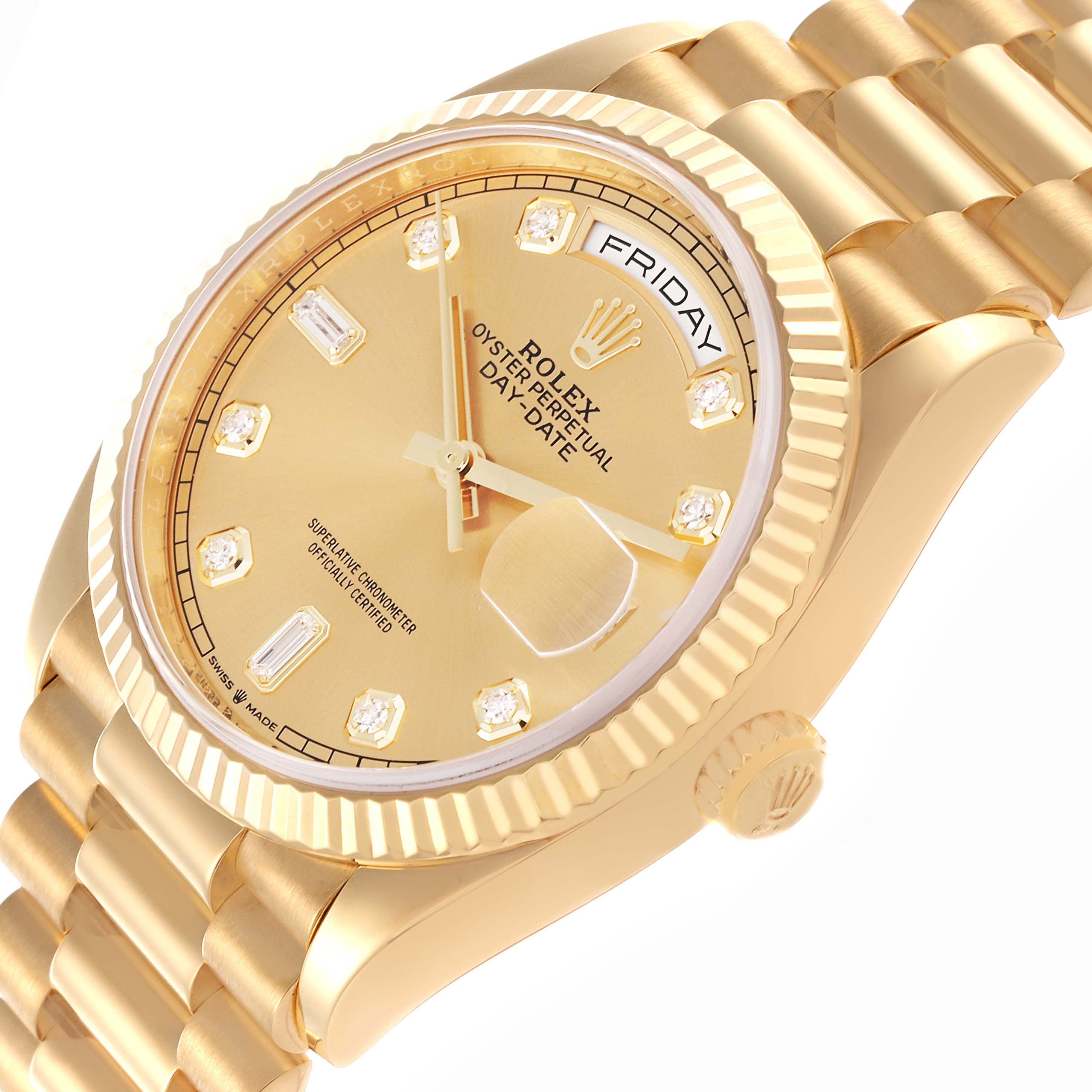 The Rolex President 128238 Men's Yellow Gold Champagne Dial 128238 Men's Yellow Gold Champagne Dial model is shown at a three-quarter angle, highlighting the gold dial, diamond hour markers, fluted bezel, and bracelet.
