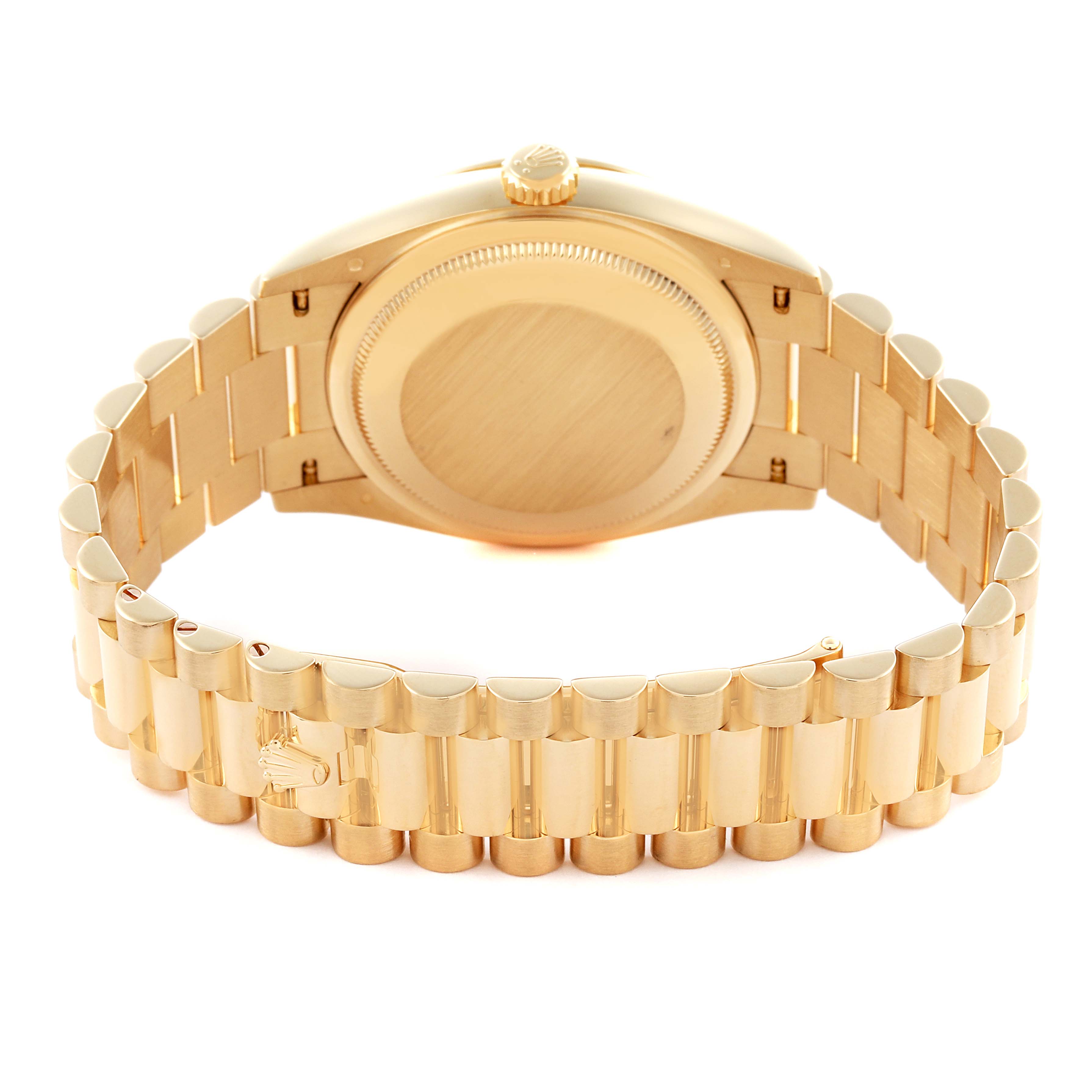 The Rolex President 128238 Men's Yellow Gold Champagne Dial 128238 Men's Yellow Gold Champagne Dial model is shown from the back, highlighting its band and case back.