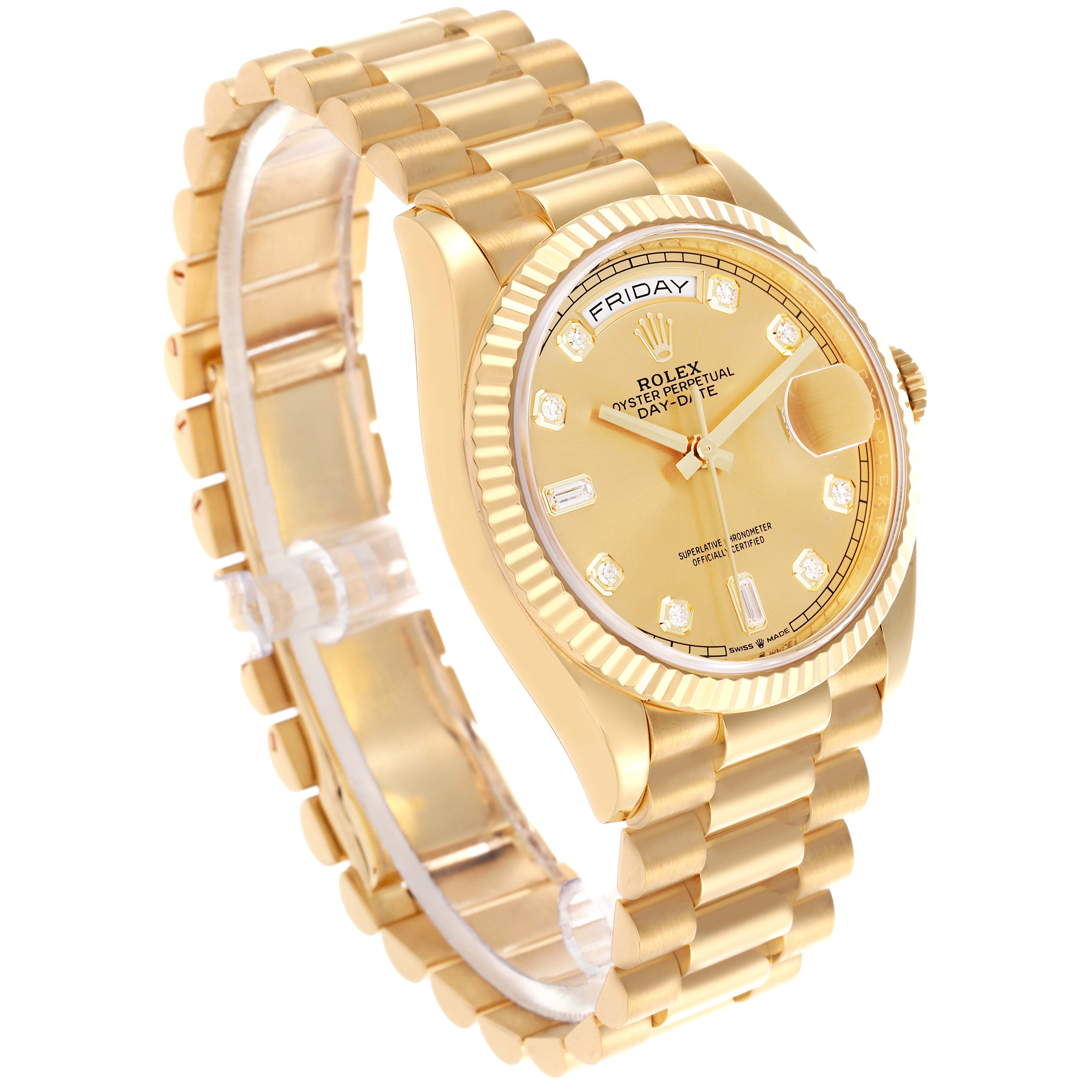 The Rolex President 128238 Men's Yellow Gold Champagne Dial 128238 Men's Yellow Gold Champagne Dial model watch is shown at a three-quarter angle, highlighting its gold bracelet, case, bezel, and dial.