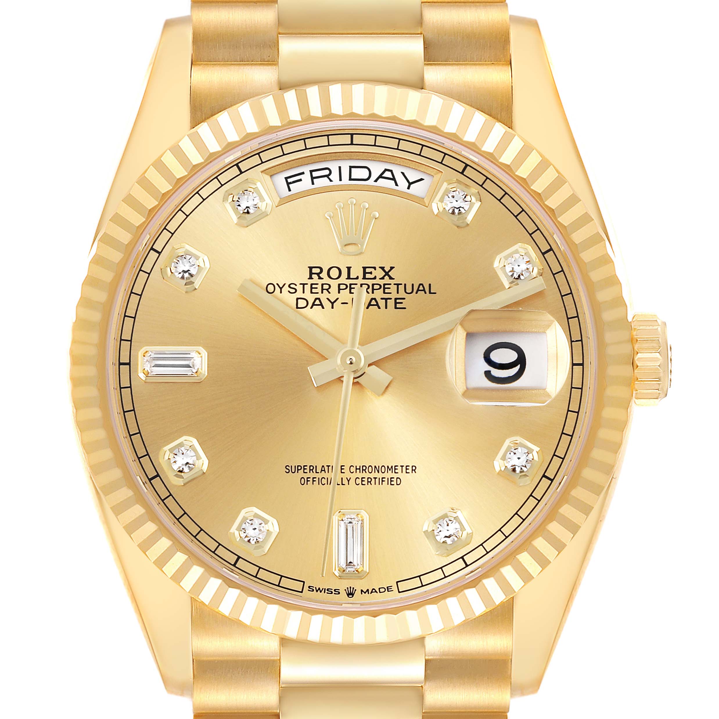 The Rolex President 128238 Men's Yellow Gold Champagne Dial 128238 Men's Yellow Gold Champagne Dial model watch is shown from the front, displaying the dial, day-date windows, bezel, and part of the bracelet.
