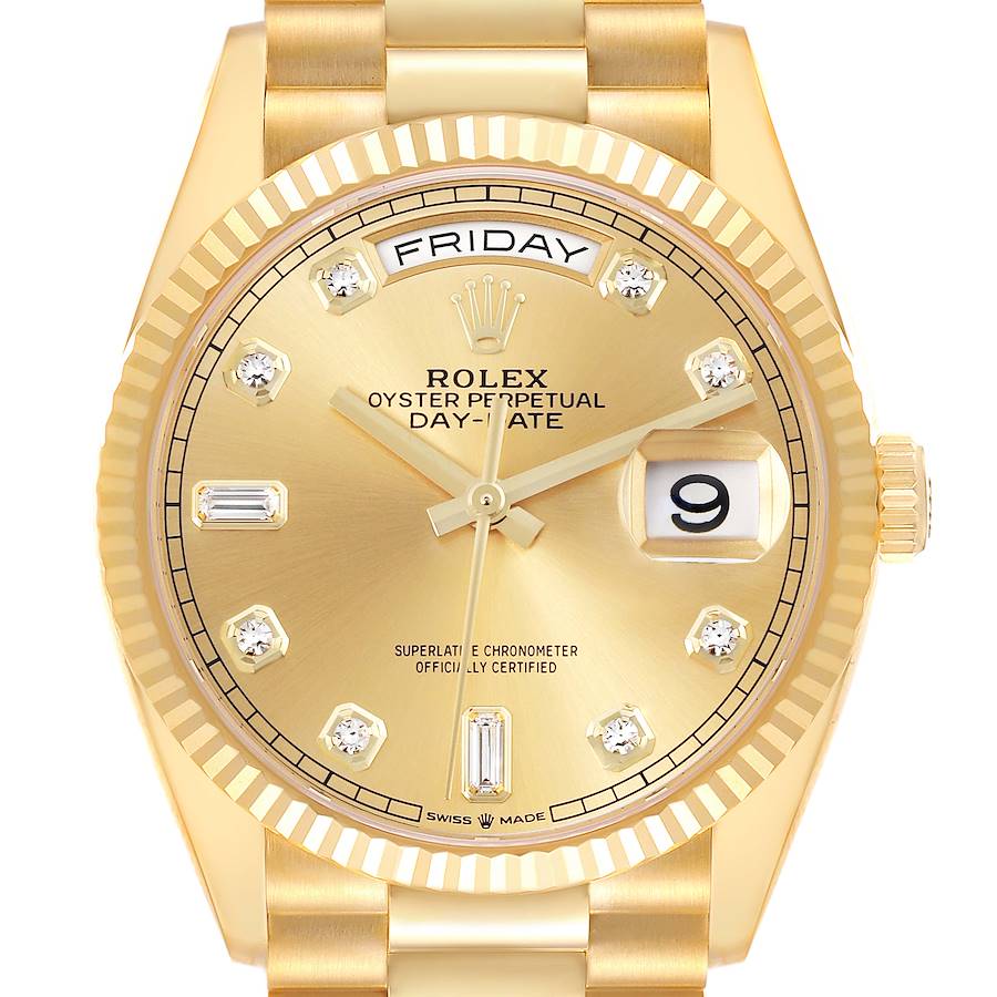 The Rolex President model watch is shown from the front, displaying the dial, day-date windows, bezel, and part of the bracelet.