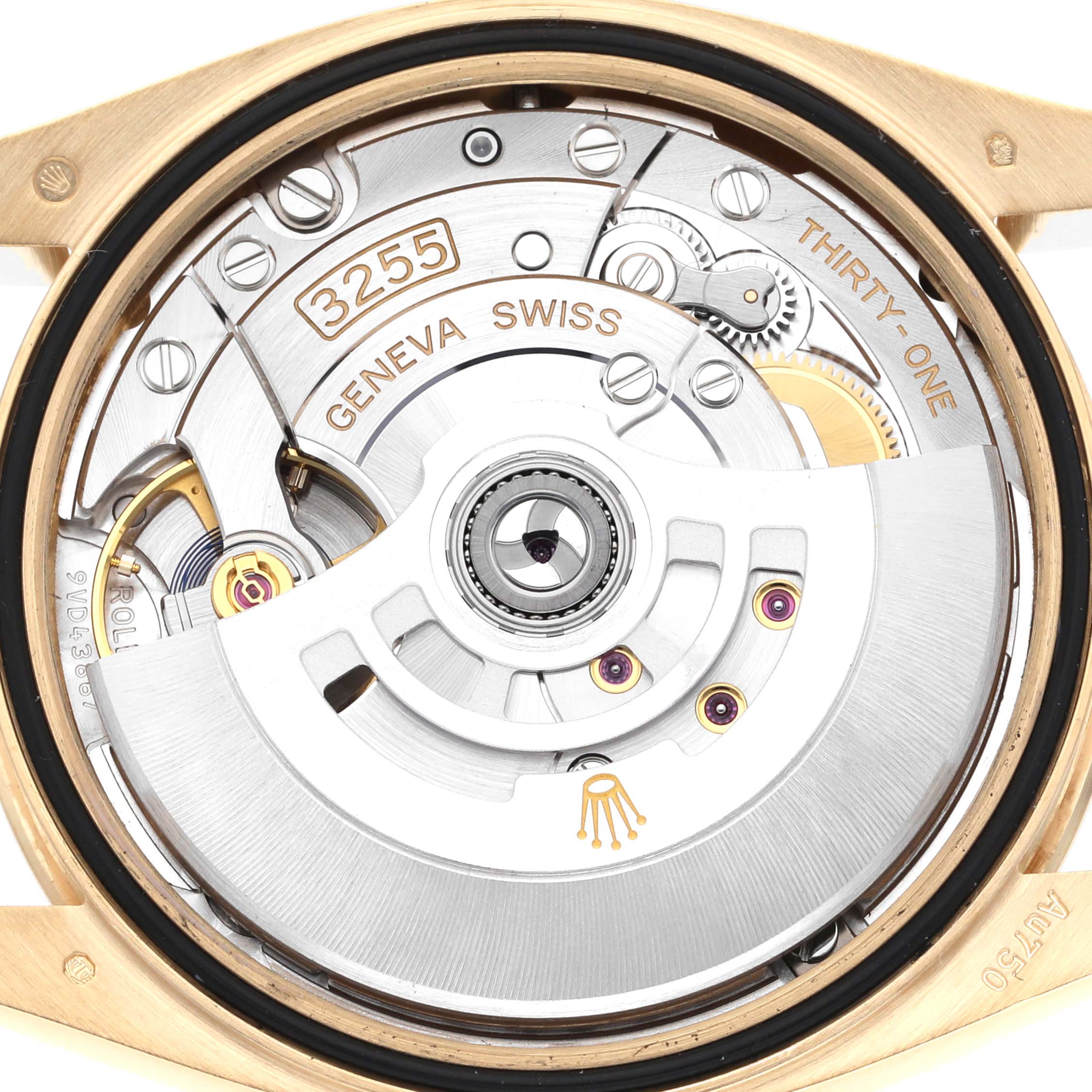 The image shows the movement of a Rolex President 128238 Men's Yellow Gold Champagne Dial 128238 Men's Yellow Gold Champagne Dial model watch, viewed from the back, highlighting the mechanism and rotor.