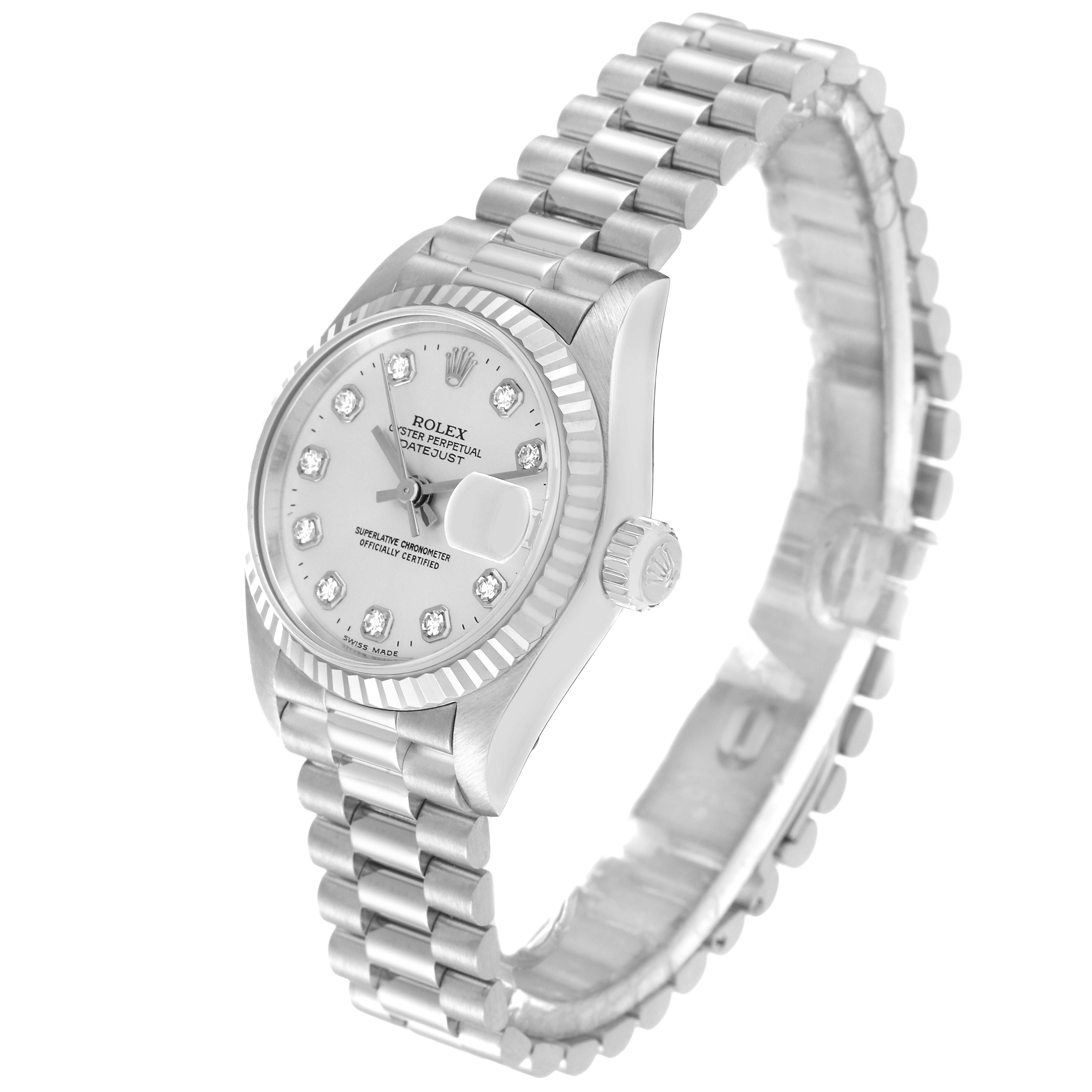 The Rolex President 79179 Women's White Gold Silver Dial 79179 Women's White Gold Silver Dial model watch is shown at a slight side angle, highlighting the face, band, and crown.