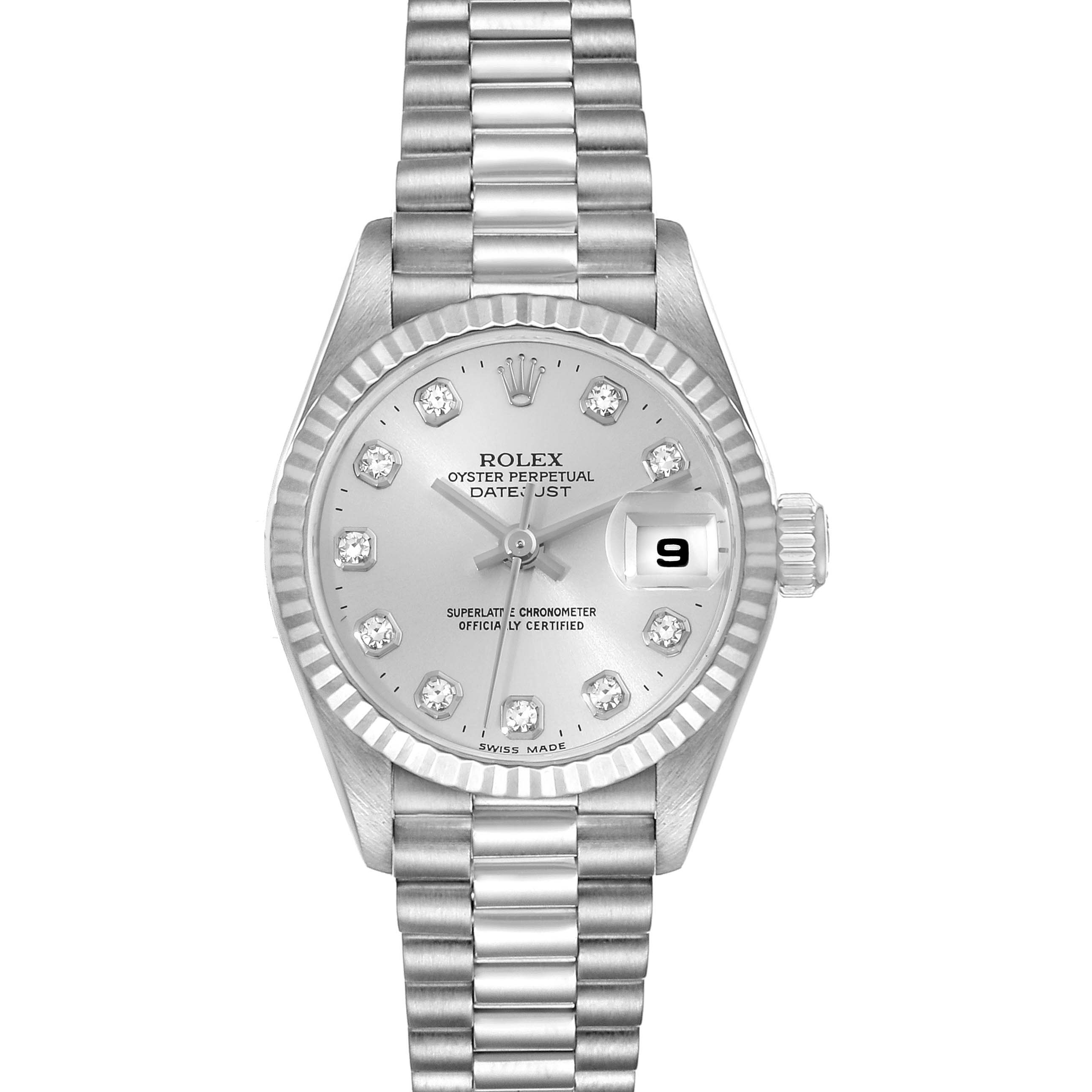 The image displays a front view of the Rolex President 79179 Women's White Gold Silver Dial 79179 Women's White Gold Silver Dial model, showing the dial, bezel, and the full bracelet.