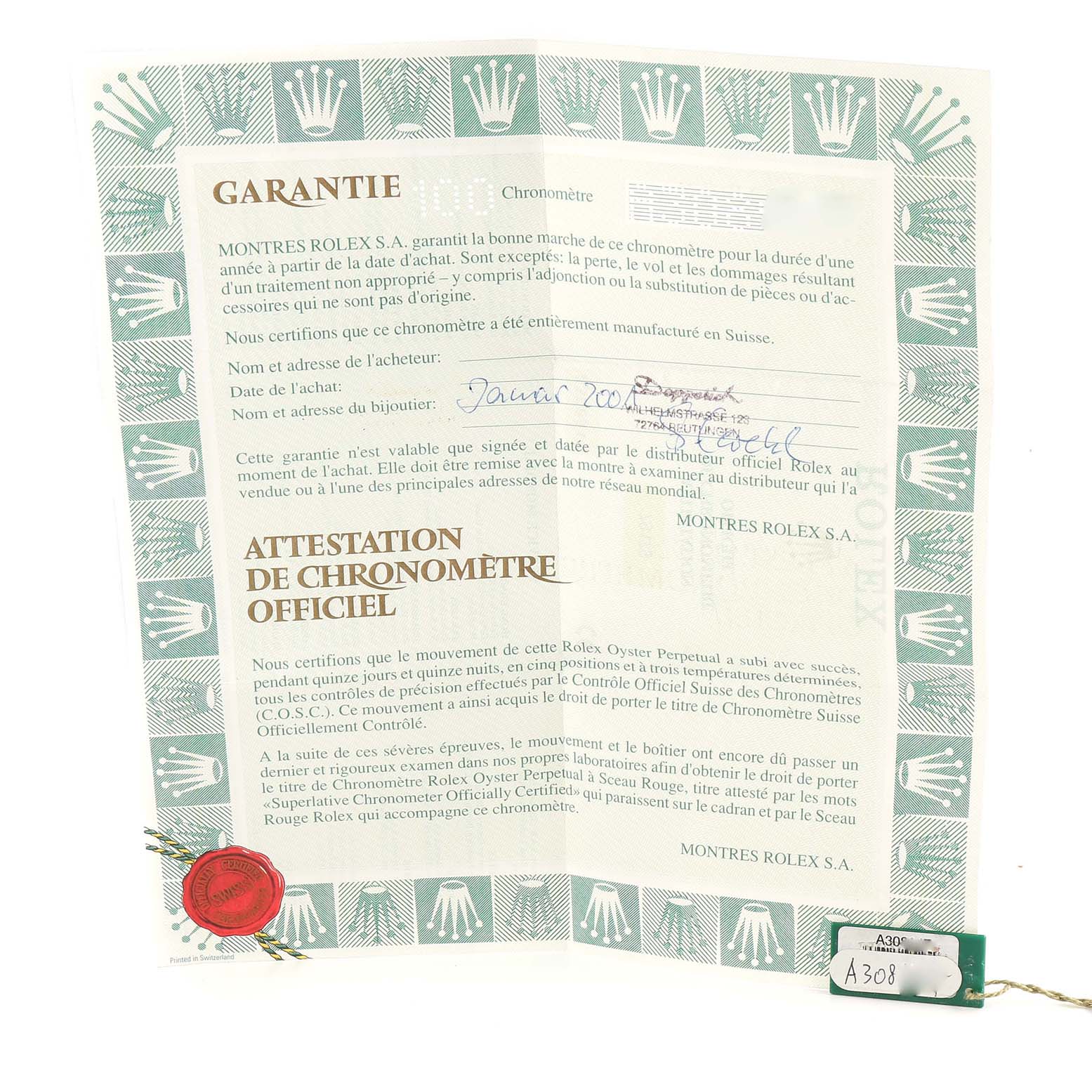 The image shows a warranty certificate and official chronometer certification for a Rolex President 79179 Women's White Gold Silver Dial 79179 Women's White Gold Silver Dial model watch.