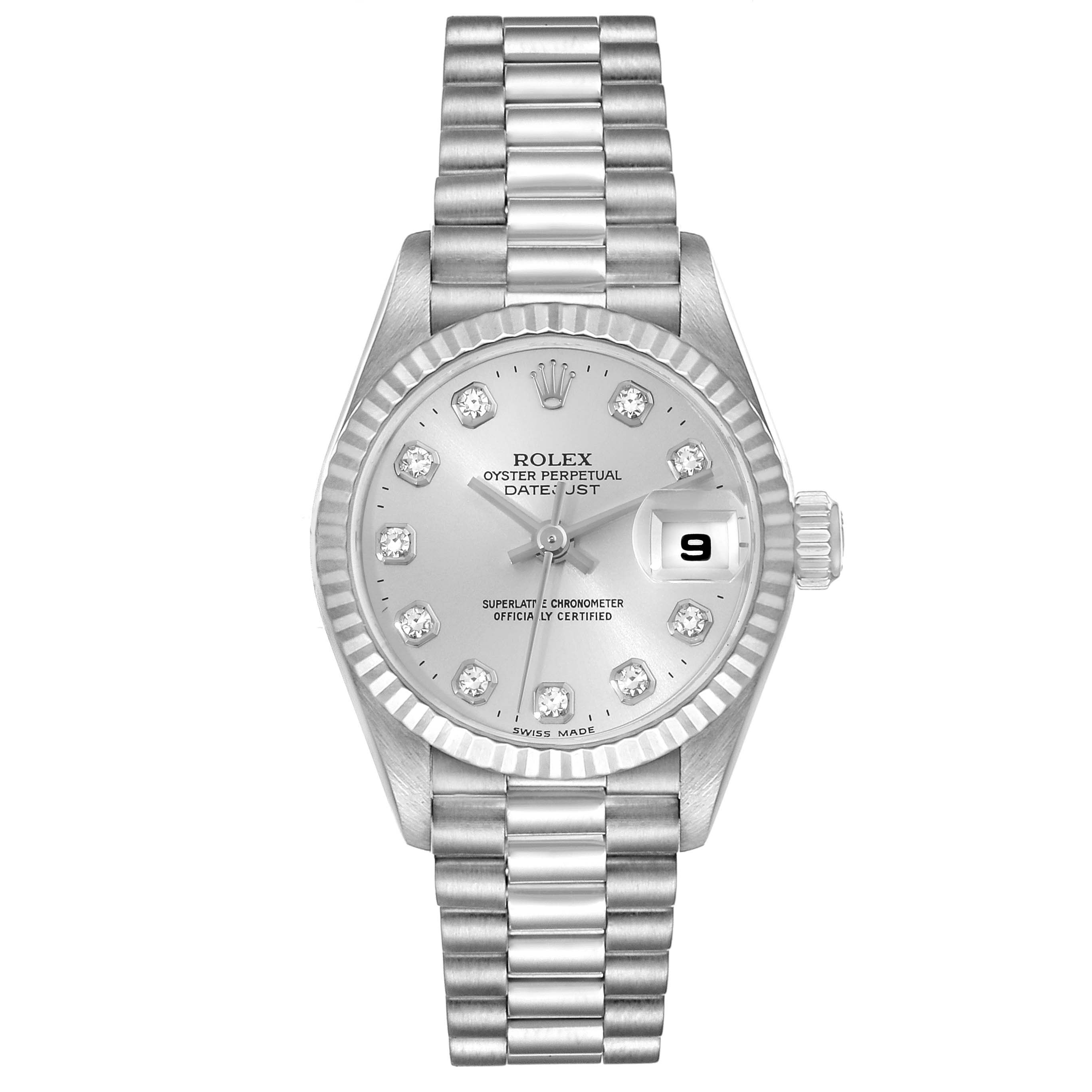 The image displays a front view of the Rolex President 79179 Women's White Gold Silver Dial 79179 Women's White Gold Silver Dial model watch, showcasing its dial, bezel, and bracelet.