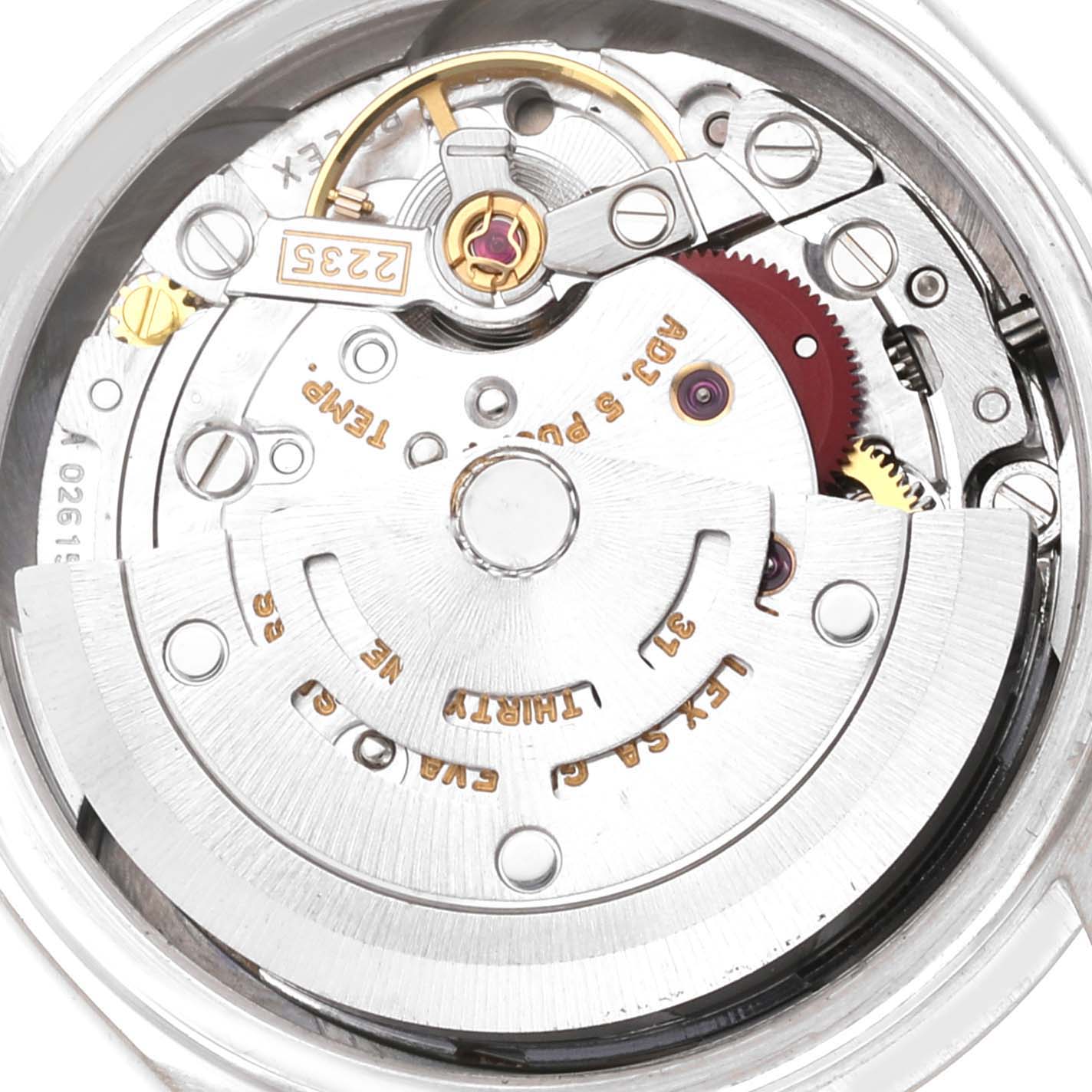 This image shows a close-up of the movement mechanism inside a Rolex President 79179 Women's White Gold Silver Dial 79179 Women's White Gold Silver Dial model watch.