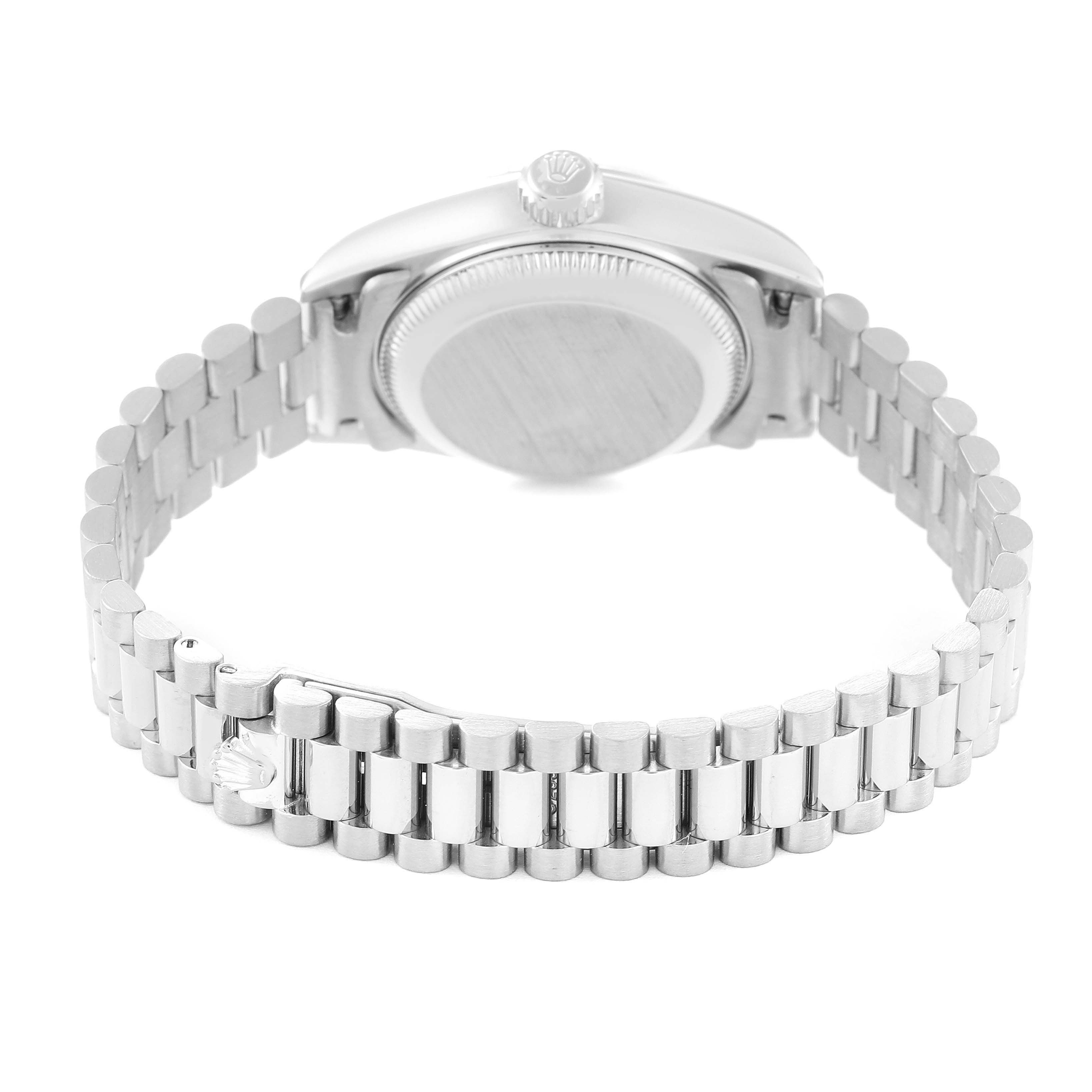 The image shows the back view of a Rolex President 79179 Women's White Gold Silver Dial 79179 Women's White Gold Silver Dial model watch, highlighting the case back and the bracelet with the clasp.