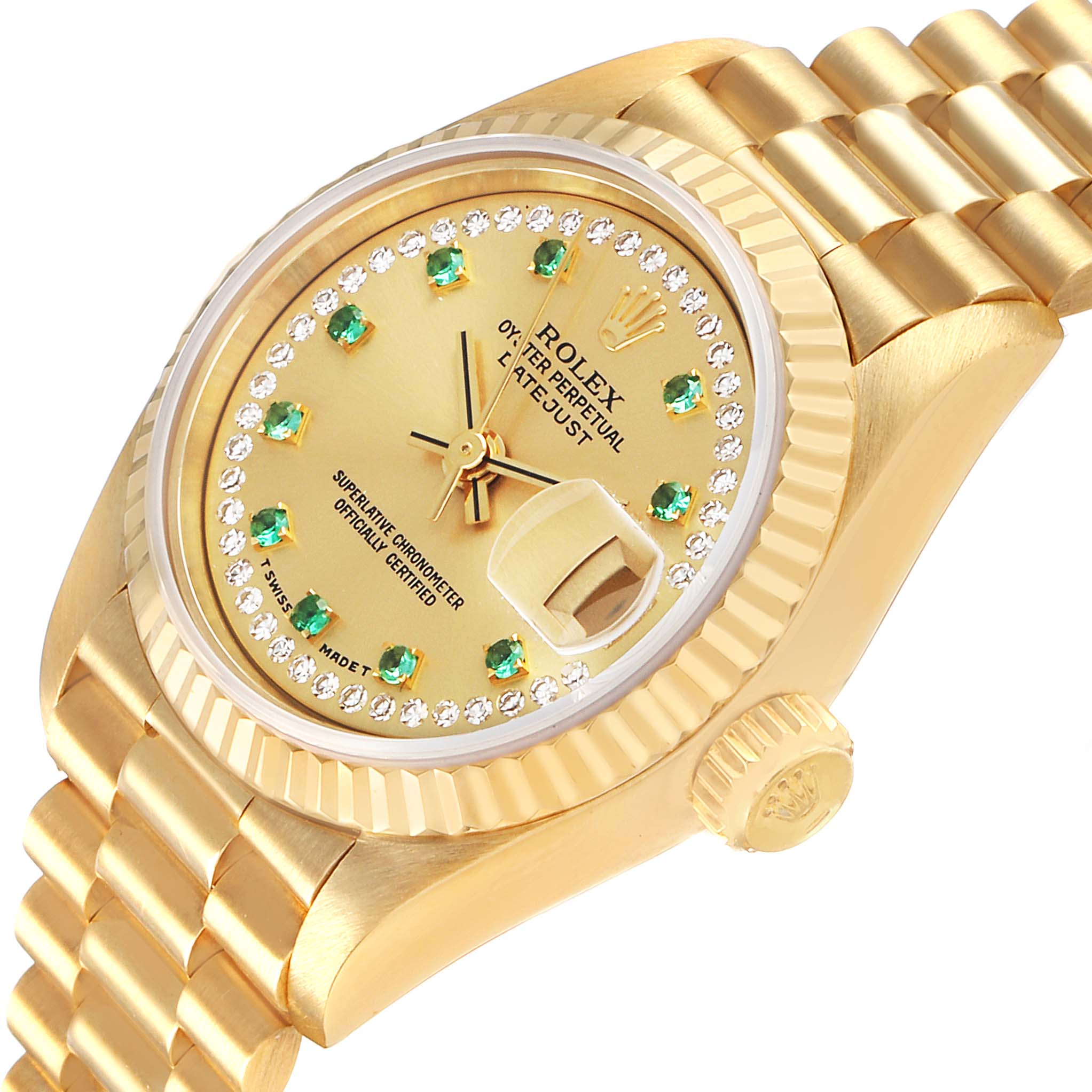 The Rolex President 69178 Women's Yellow Gold Champagne Dial model watch is shown at an angled view, highlighting its gold case, bracelet, bezel, and dial with gemstone markers.