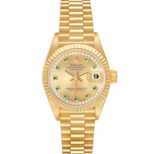 The Rolex President 69178 Women's Yellow Gold Champagne Dial watch is shown from a top-down angle, highlighting the dial, bezel, and bracelet.