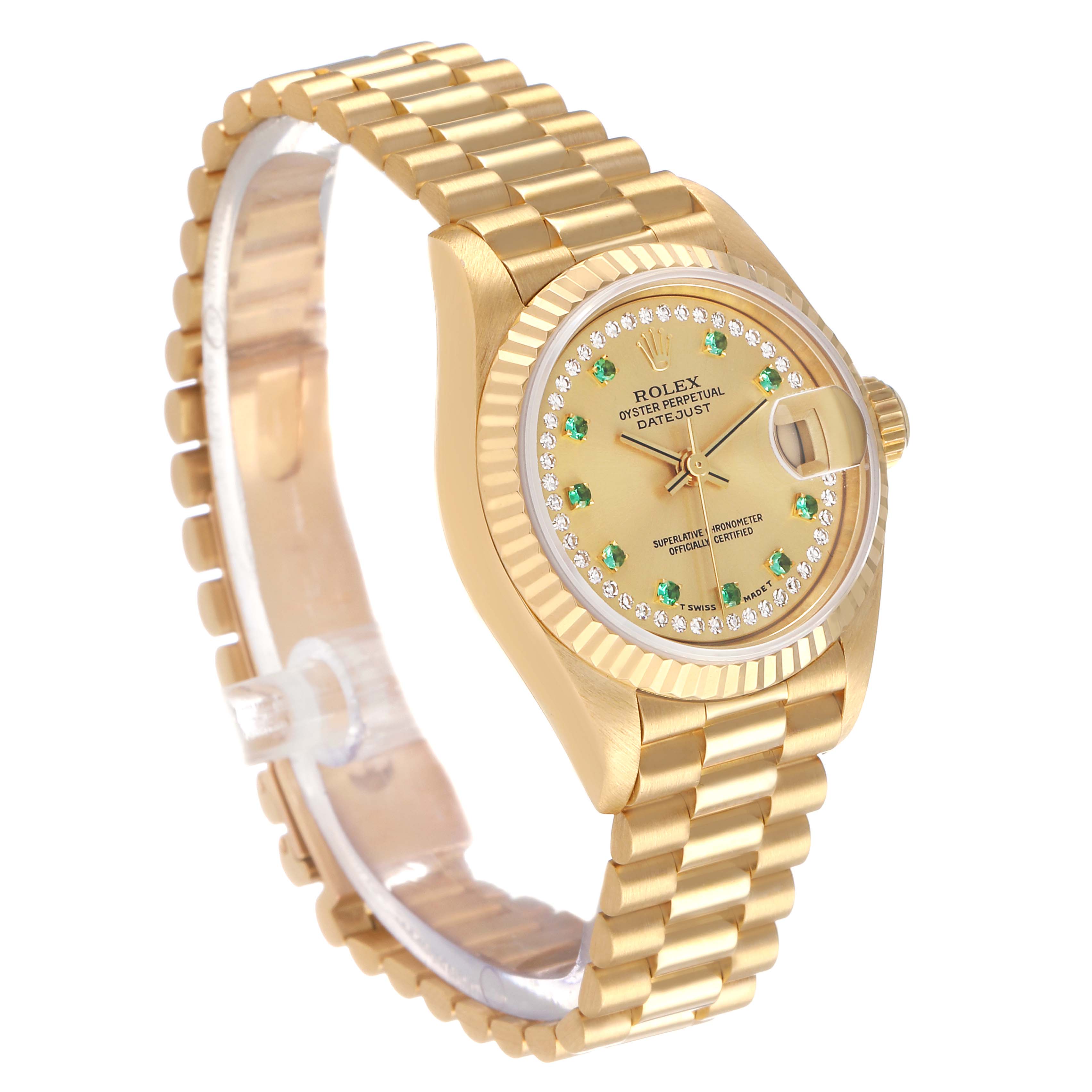 The Rolex President 69178 Women's Yellow Gold Champagne Dial watch is shown at a three-quarter angle, highlighting its gold case, fluted bezel, and link bracelet.