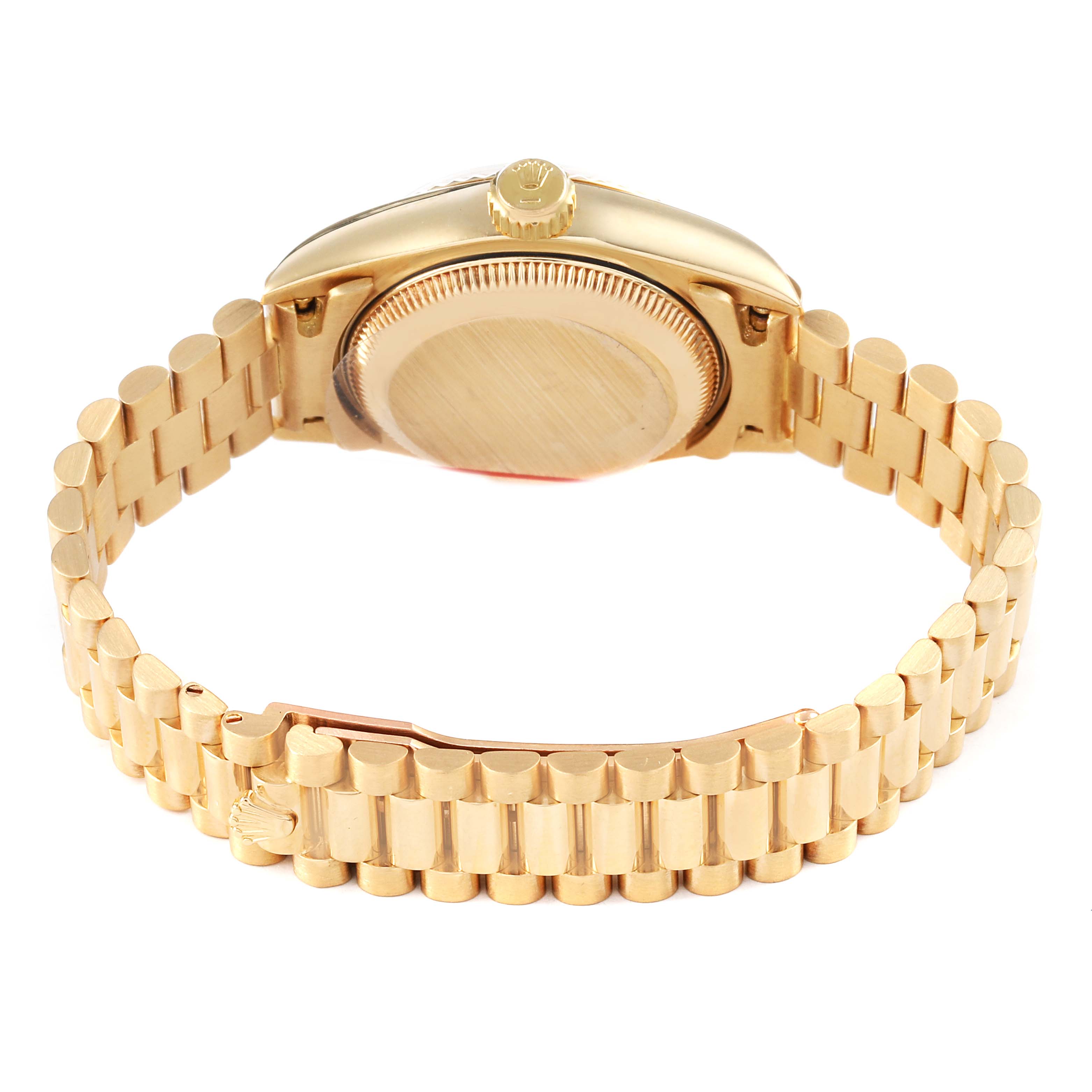 The image shows the side and back of a Rolex President 69178 Women's Yellow Gold Champagne Dial model, highlighting the bracelet, crown, and case back.