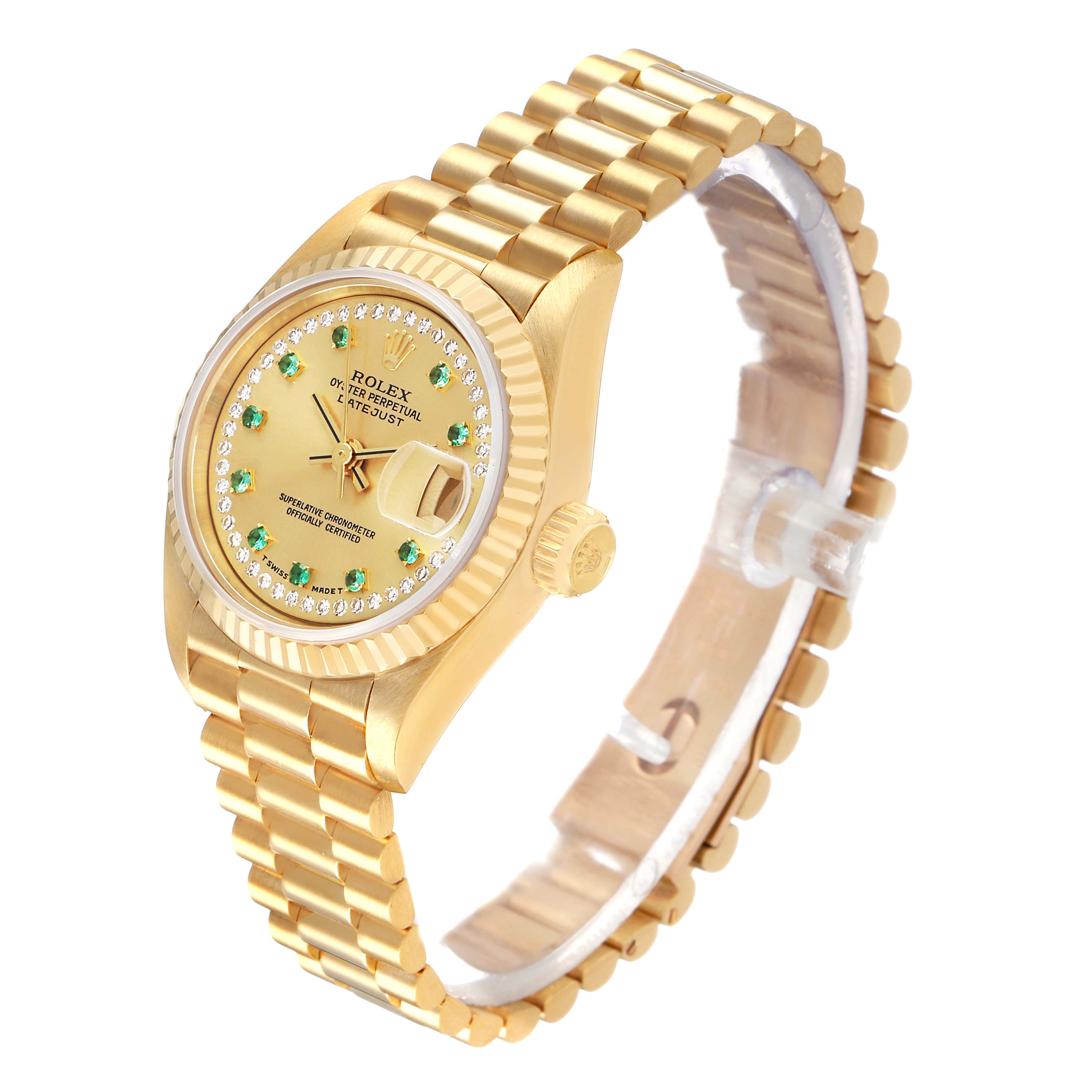 The Rolex President 69178 Women's Yellow Gold Champagne Dial watch is shown at a slight side angle, highlighting its gold bracelet, bezel, dial, and crown.
