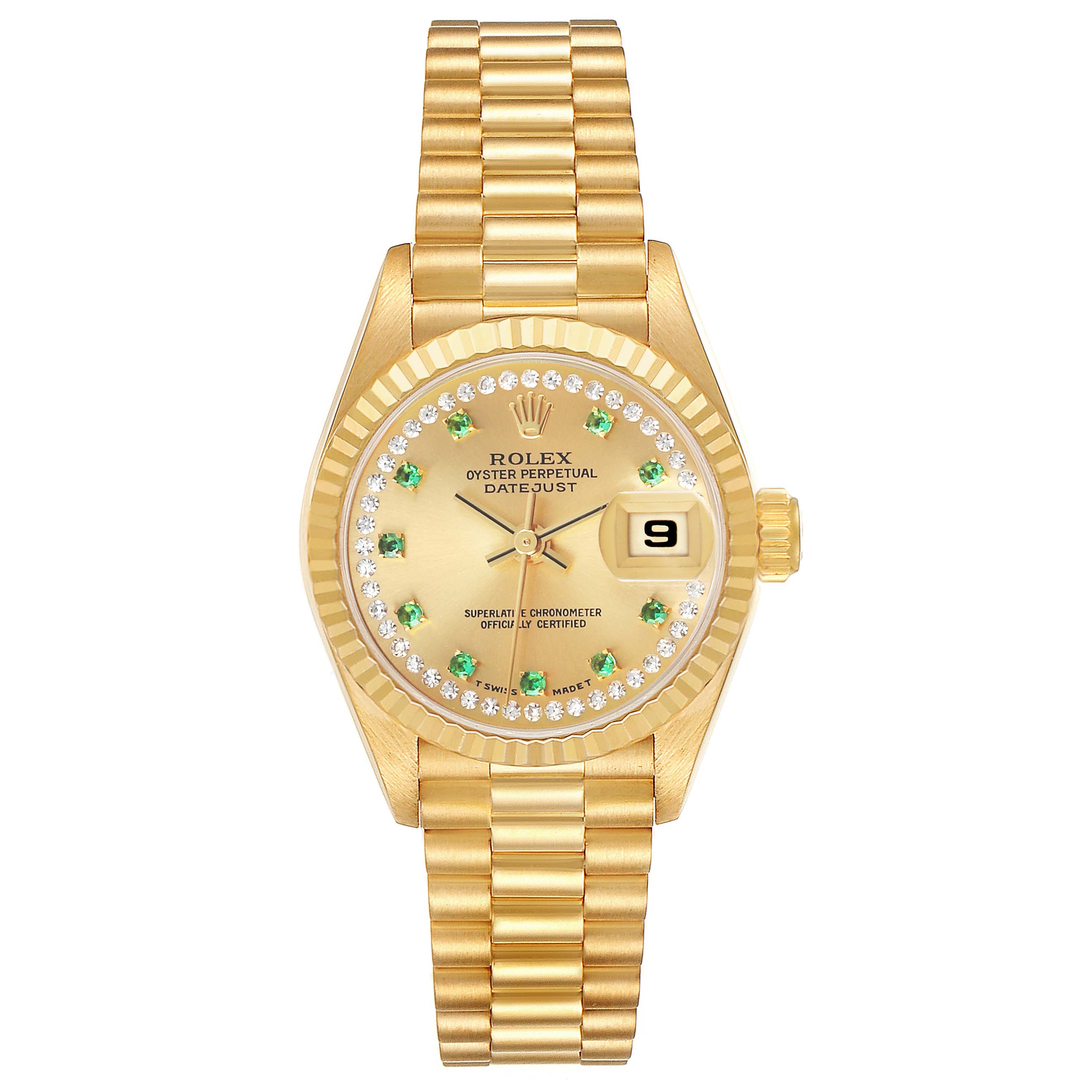 The Rolex President 69178 Women's Yellow Gold Champagne Dial model watch is shown from a top view, featuring the gold bracelet, fluted bezel, and date window.