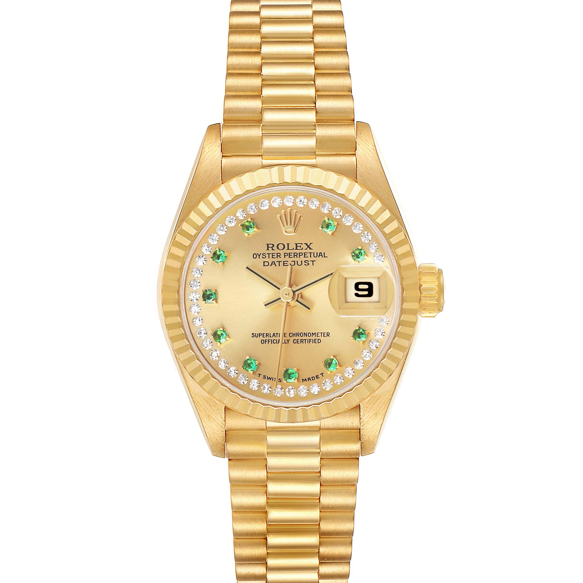 The Rolex President 69178 Women's Yellow Gold Champagne Dial model watch is shown from the front, displaying its face, bracelet, bezel, and date window.