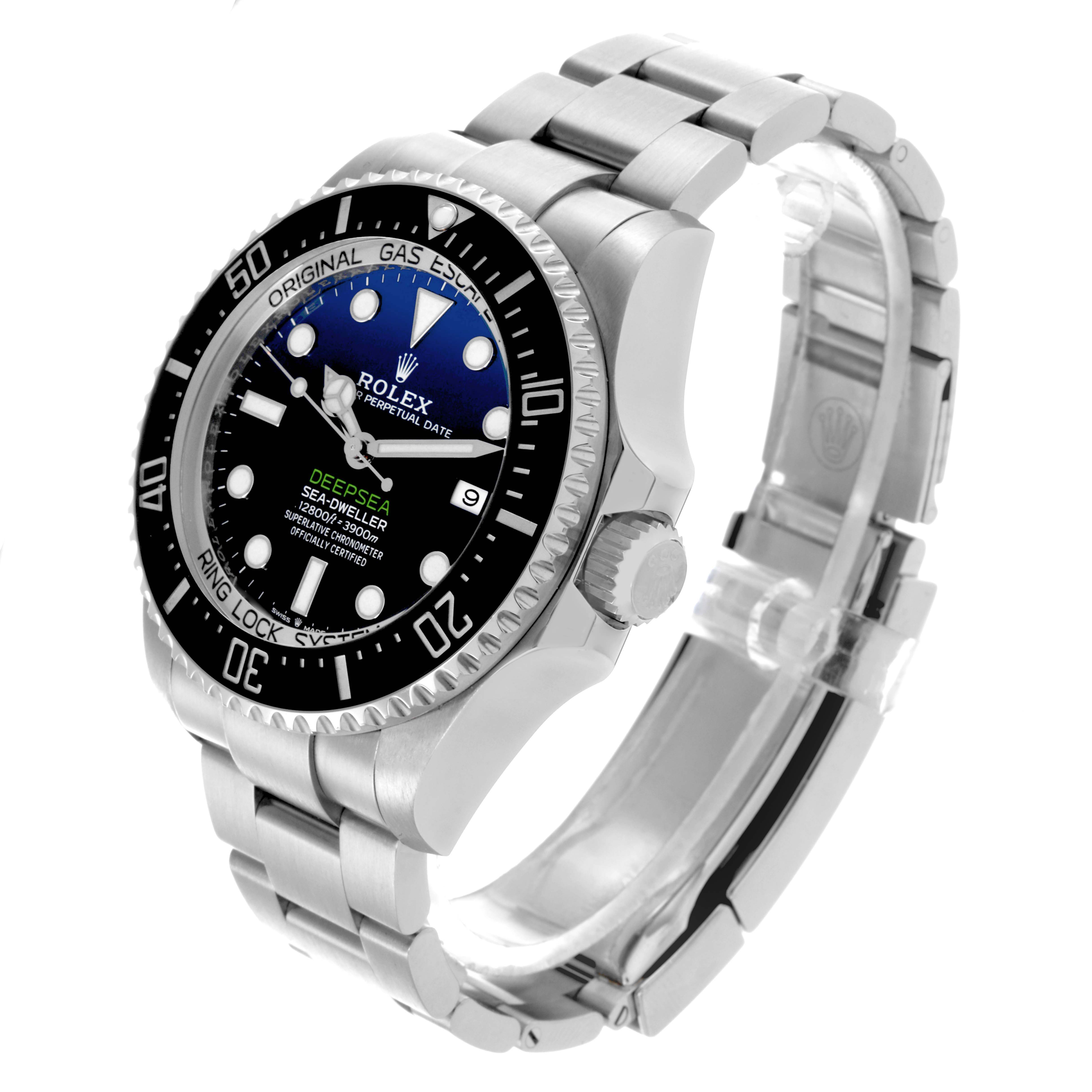 The Rolex Sea-Dweller 126660 Men
s Stainless Steel Blue Dial 126660 Men
s Stainless Steel Blue Dial watch is shown at a three-quarter angle, highlighting the dial, bezel, crown, and bracelet.