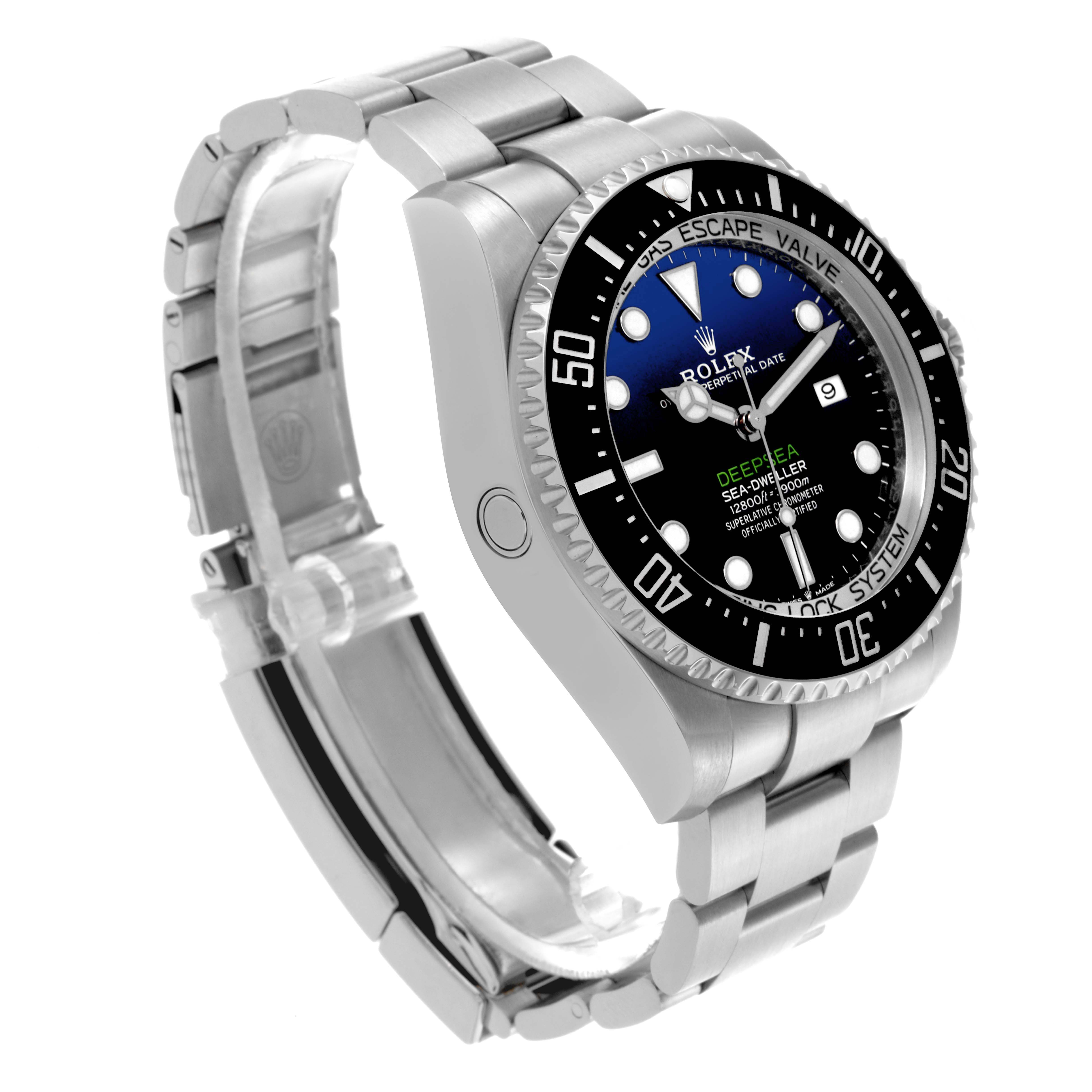 The Rolex Sea-Dweller 126660 Men
s Stainless Steel Blue Dial 126660 Men
s Stainless Steel Blue Dial watch is shown at an angled side view, displaying its face, bezel, case, and part of the bracelet.