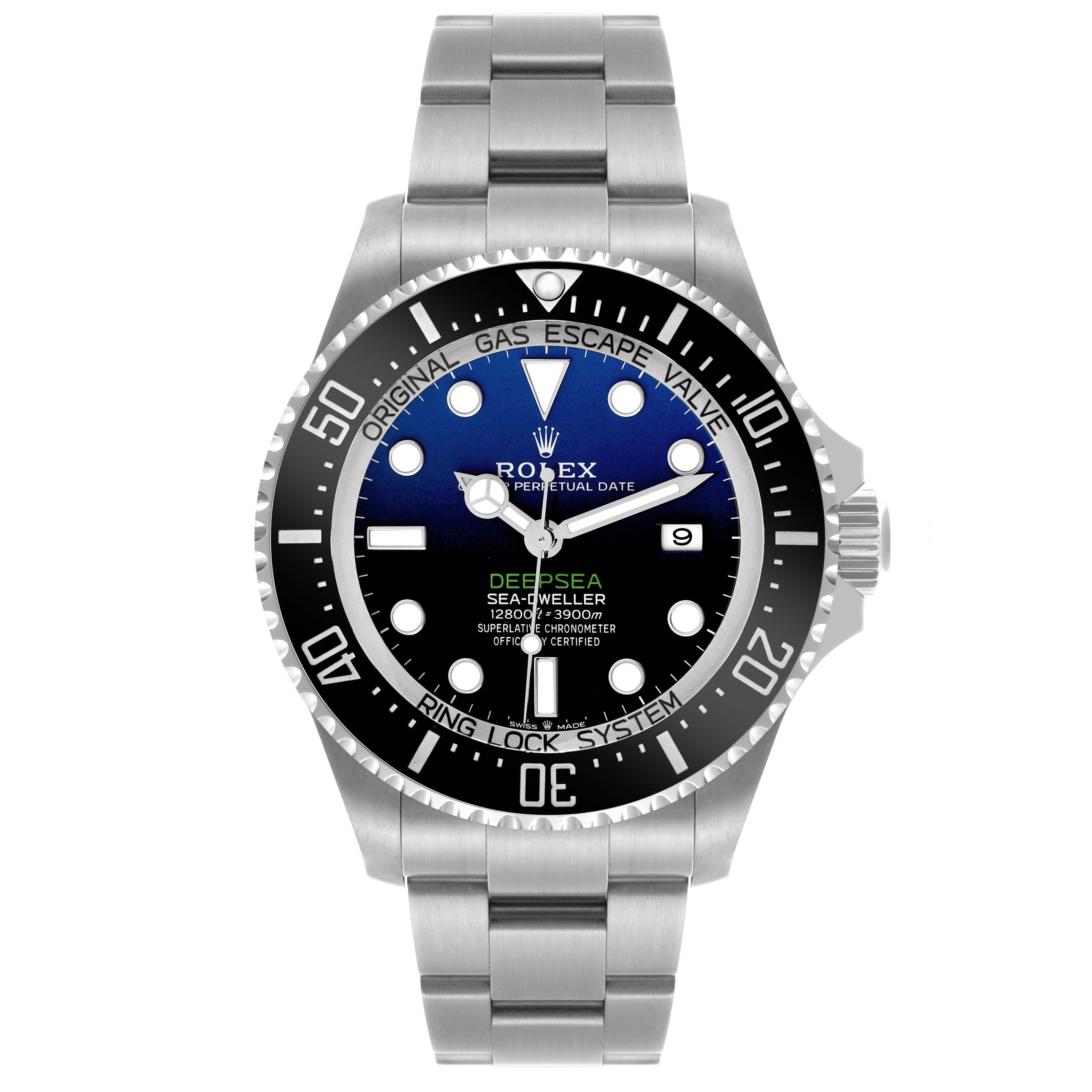 The Rolex Sea-Dweller 126660 Men
s Stainless Steel Blue Dial 126660 Men
s Stainless Steel Blue Dial watch is shown from a front angle, displaying the dial, bezel, case, and bracelet.