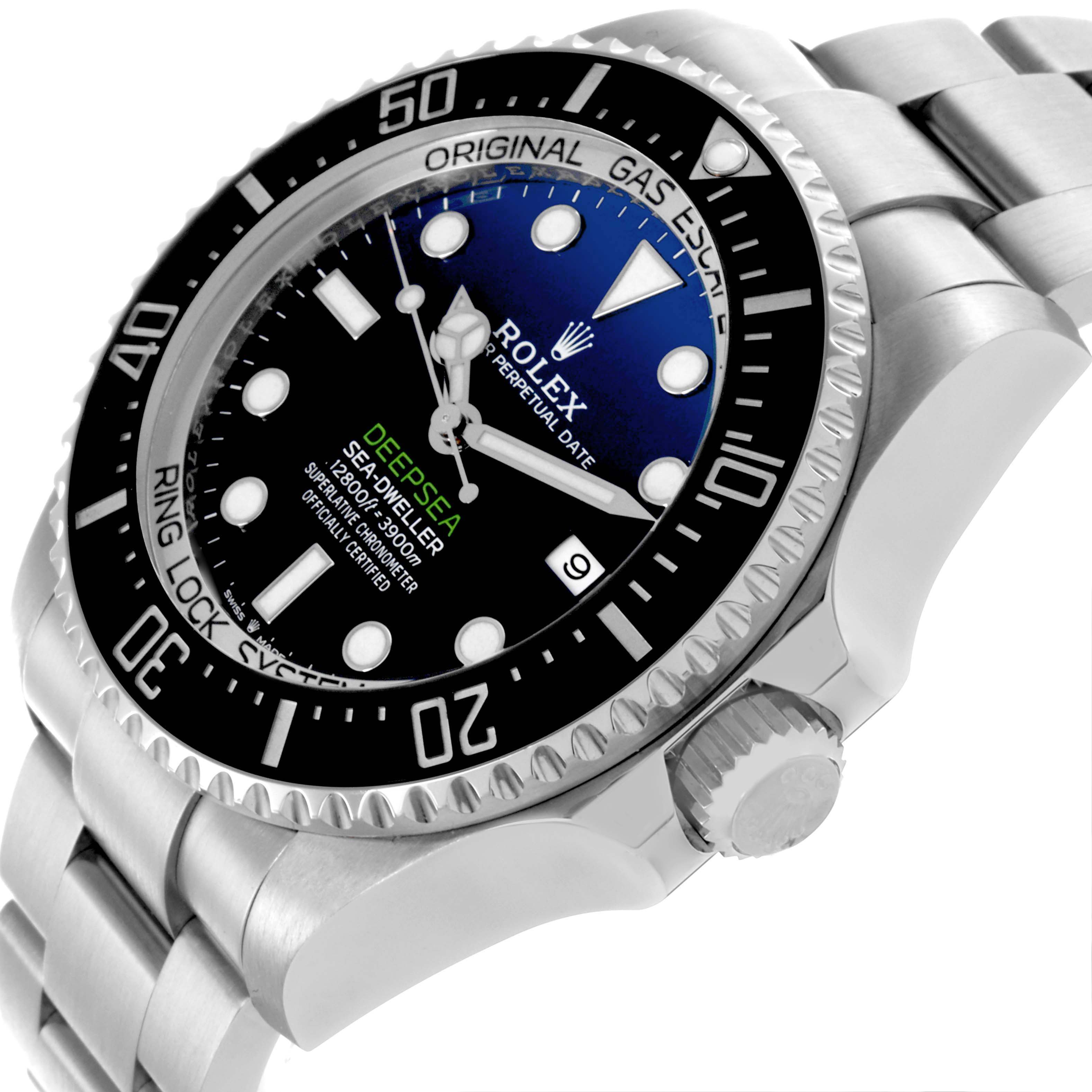 The Rolex Sea-Dweller 126660 Men
s Stainless Steel Blue Dial 126660 Men
s Stainless Steel Blue Dial watch is shown at a side angle, highlighting the bezel, dial, crown, and part of the bracelet.