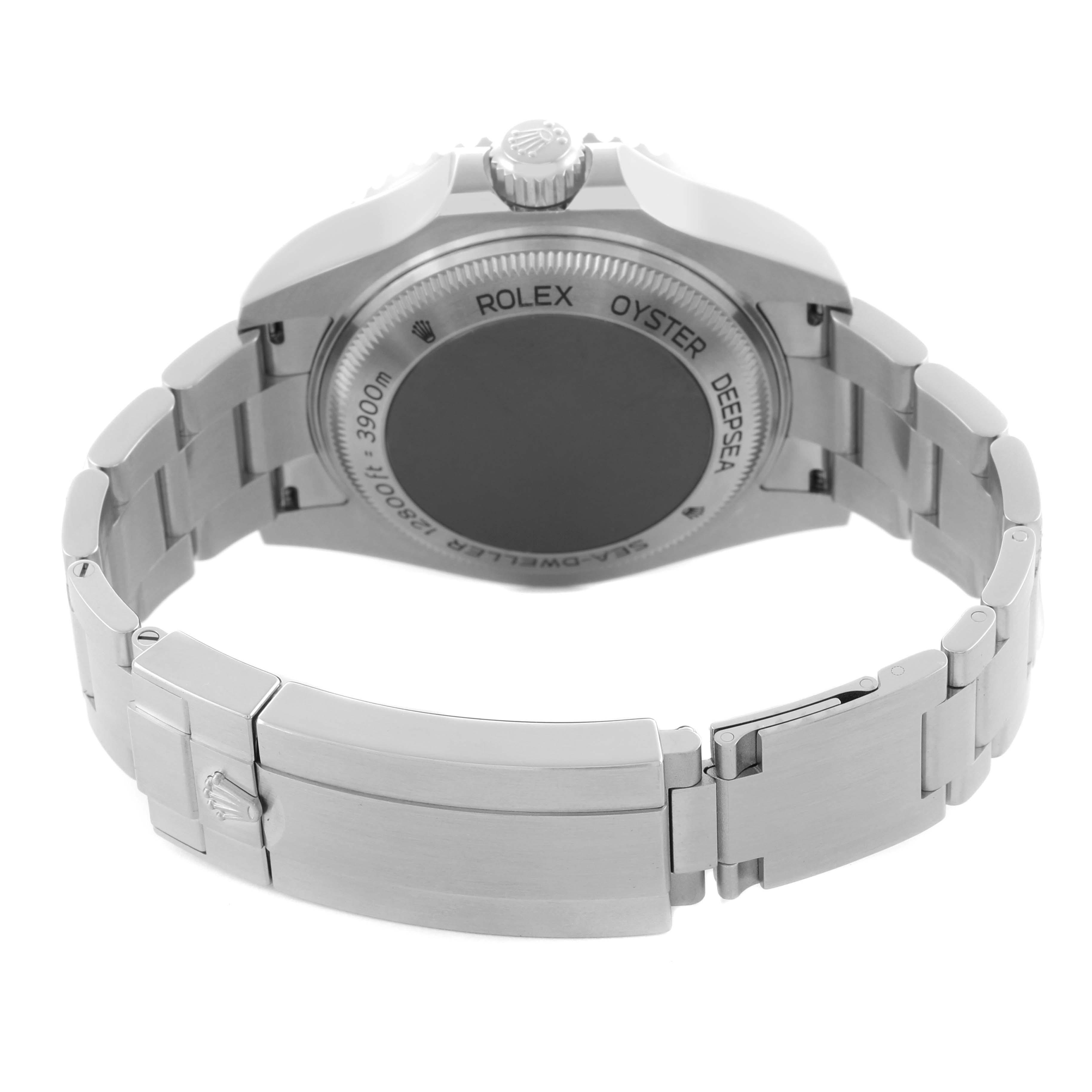 The image shows a Rolex Sea-Dweller 126660 Men
s Stainless Steel Blue Dial 126660 Men
s Stainless Steel Blue Dial
s closed case back and bracelet from a rear angle.