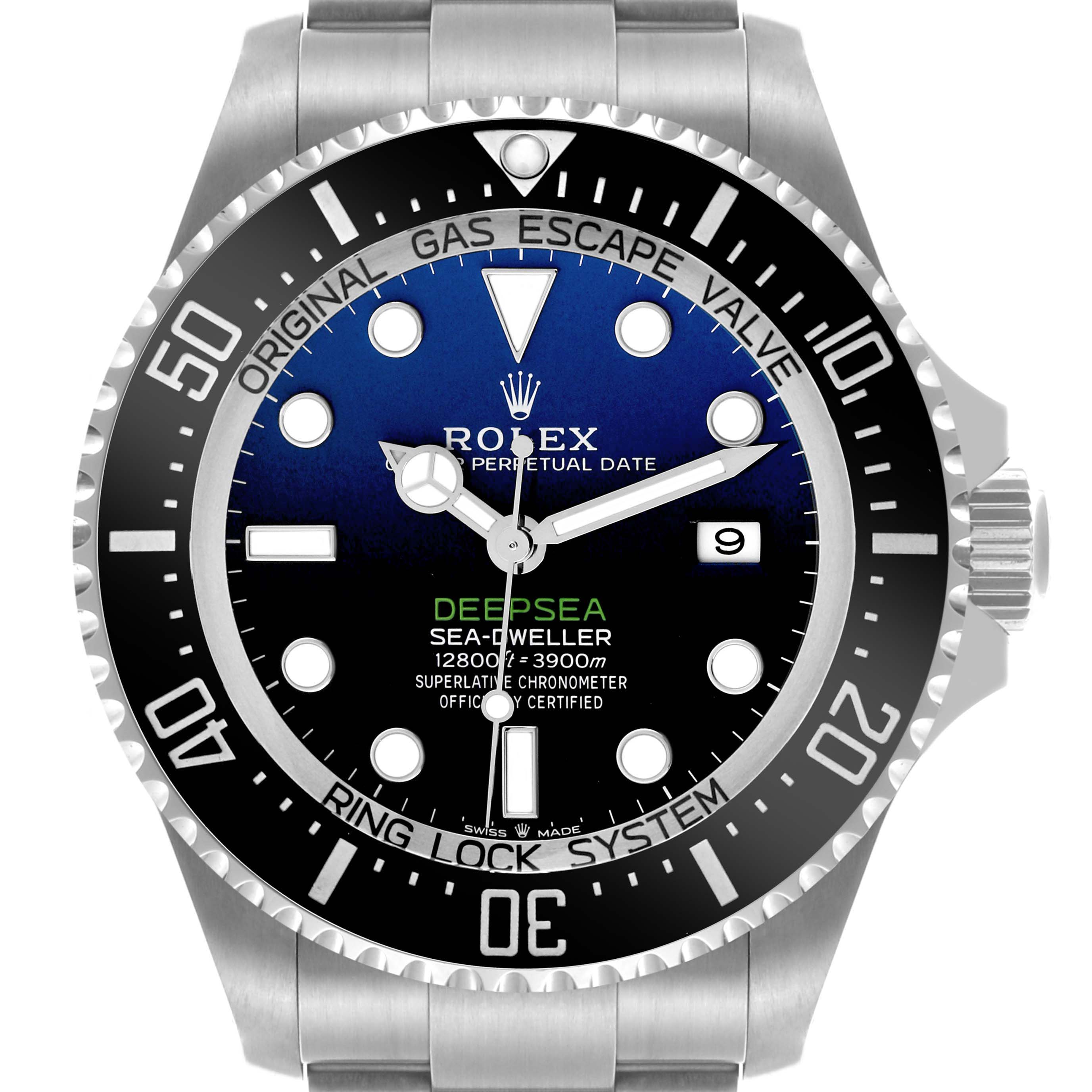 The image shows a front view of the Rolex Sea-Dweller 126660 Men
s Stainless Steel Blue Dial 126660 Men
s Stainless Steel Blue Dial watch, highlighting its dial, bezel, and crown.