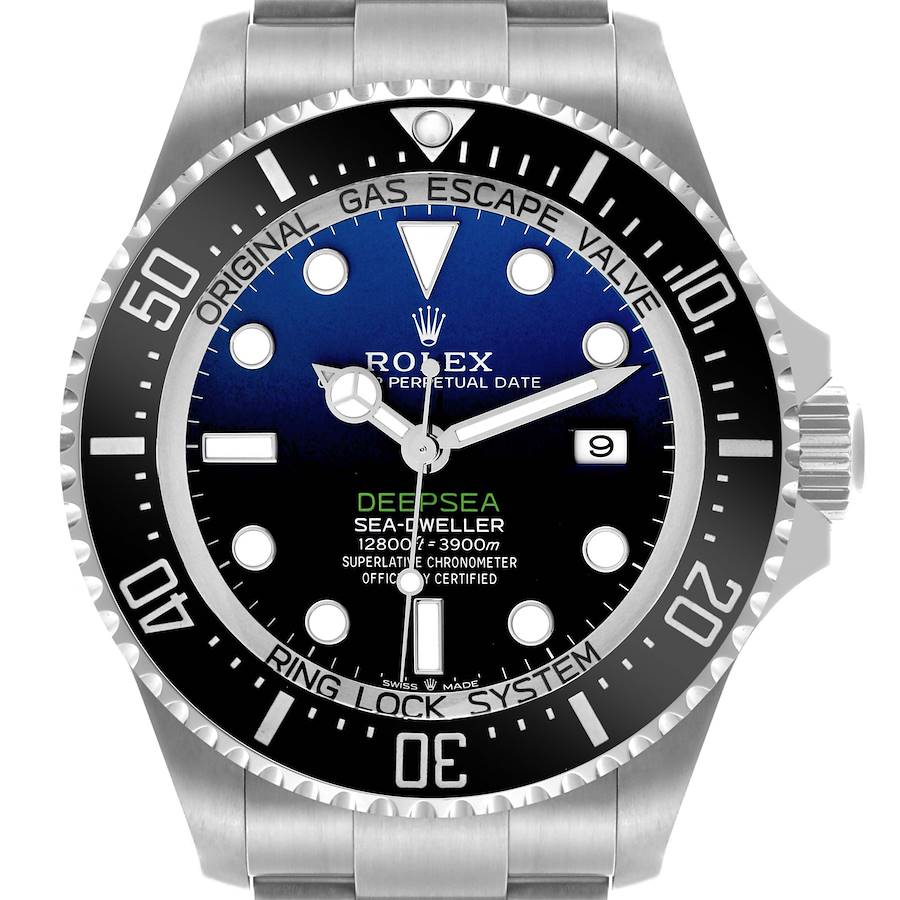 The image shows a front view of the Rolex Sea-Dweller watch, highlighting its dial, bezel, and crown.