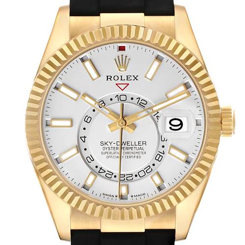 The Rolex Sky-Dweller 336238 Men's Yellow Gold White Dial is shown from the front, highlighting its face, bezel, and crown.